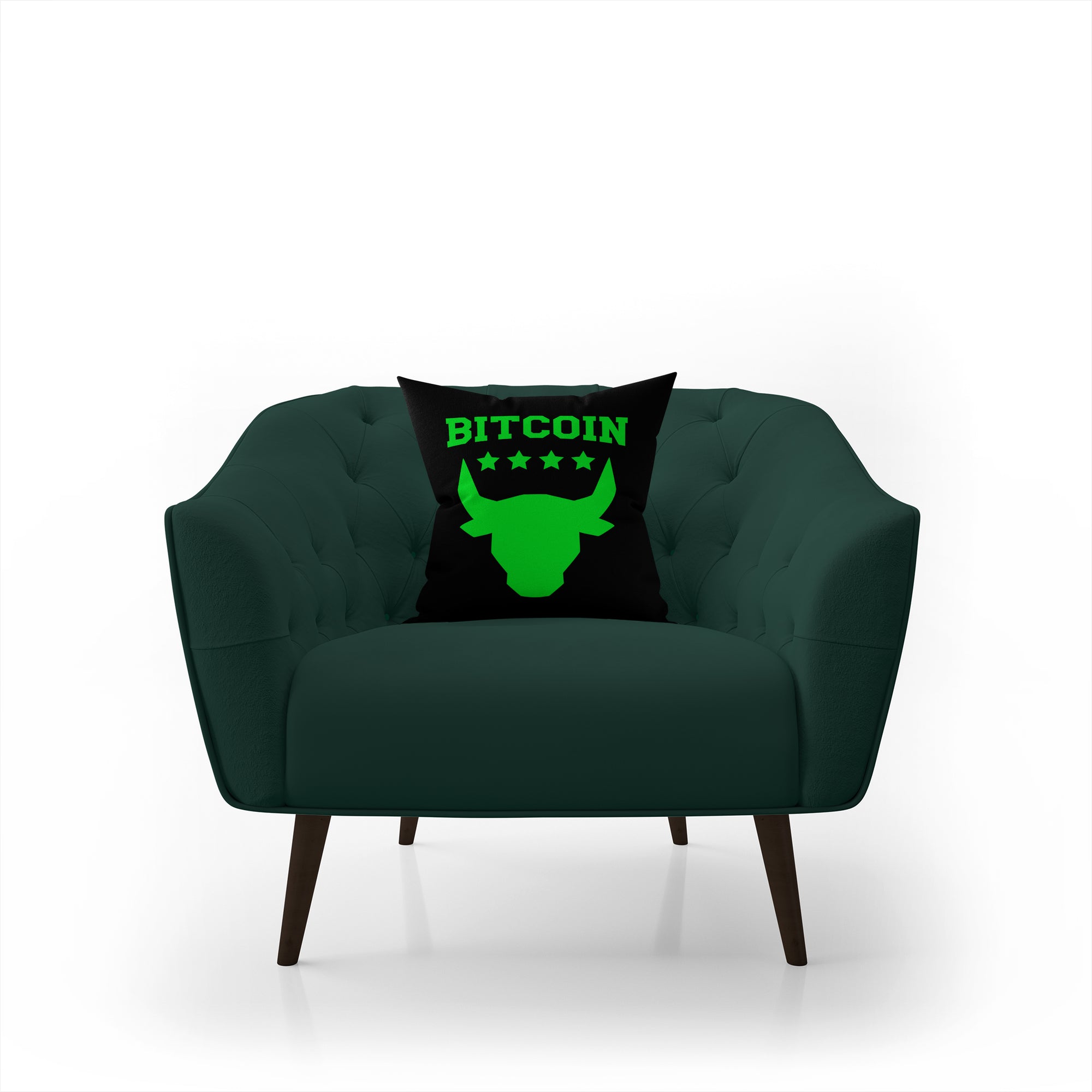 Bitcoin Merchandise - Bitcoin Bull Pillow displayed on green armchair.
