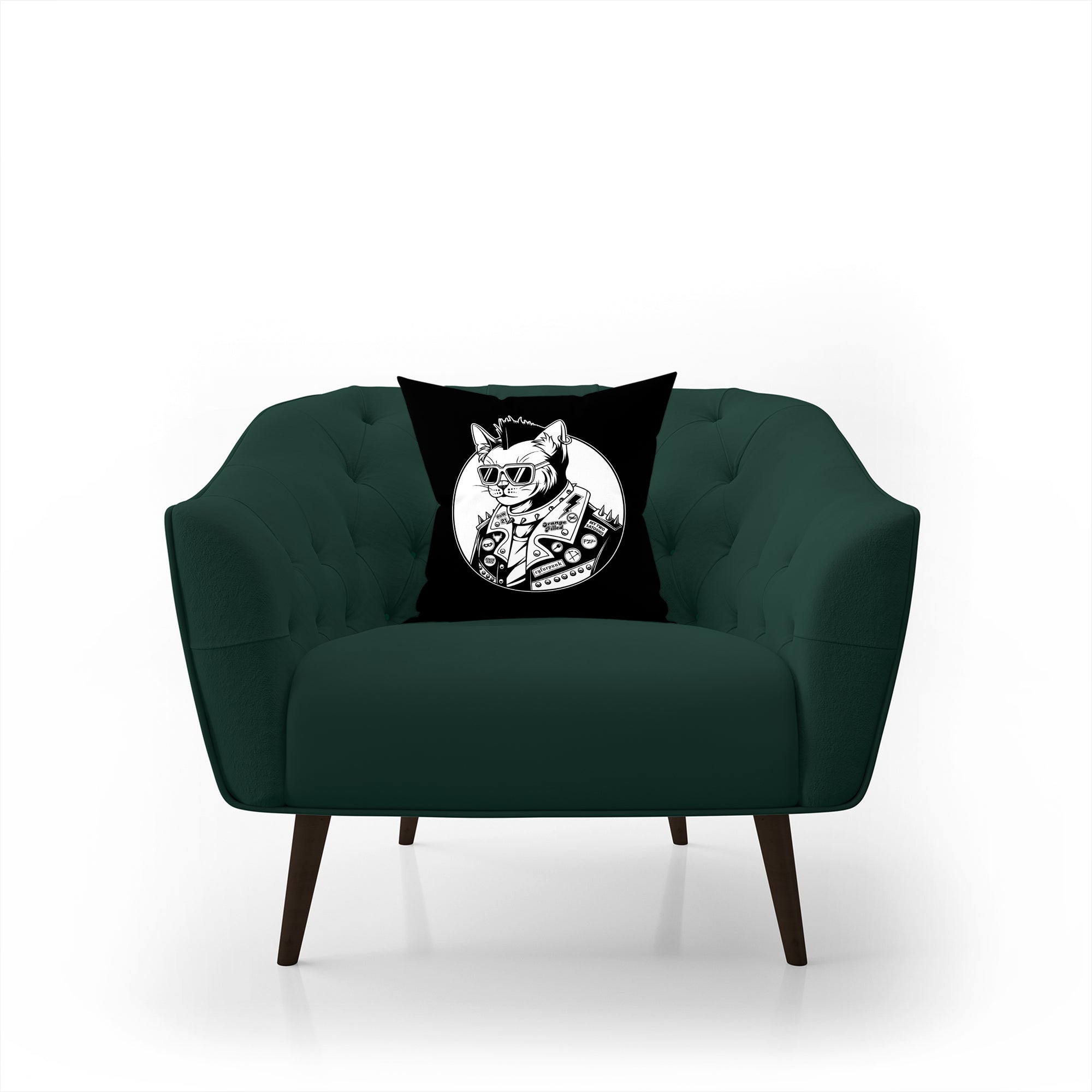 Bitcoin Merchandise - Bitcoin Cyfurpunk Pillow displayed on green armchair. 