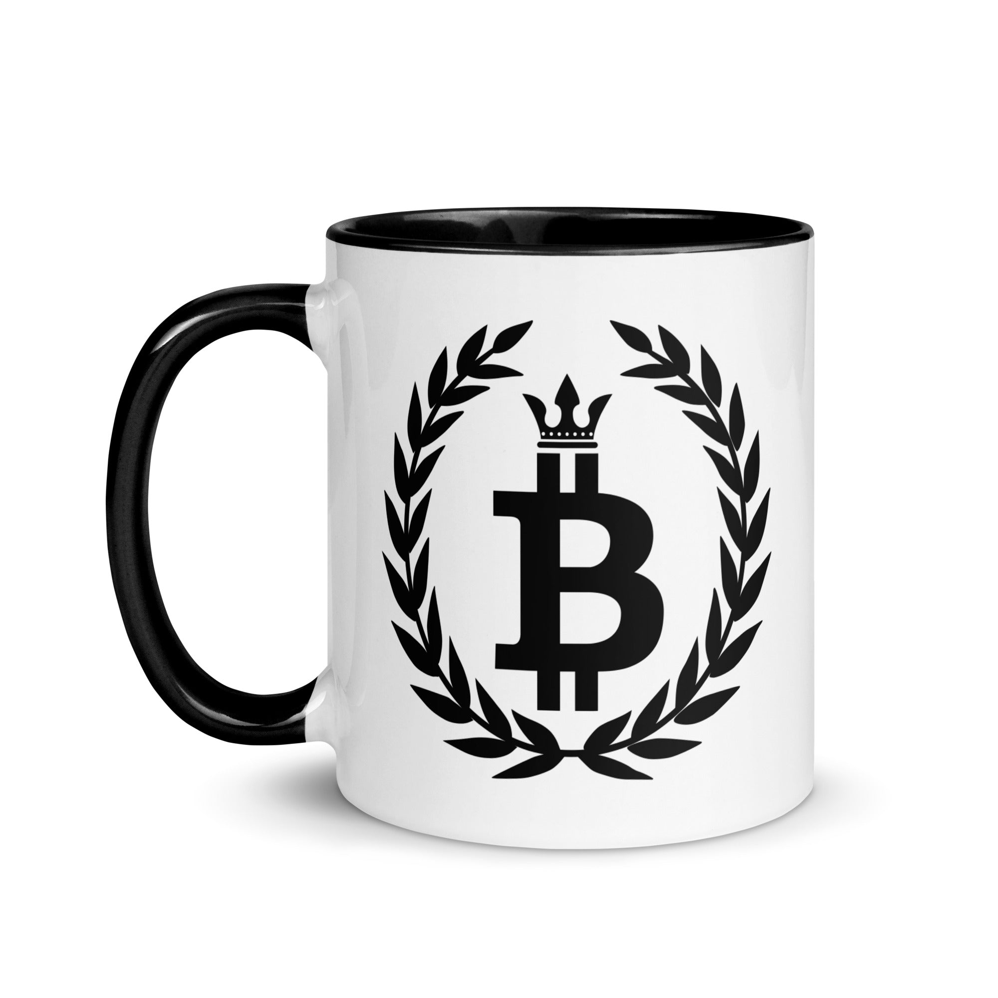 Bitcoin Gift Ideas - Our Bitcoin Dominance Mug features an epic Bitcoin emblem on a white mug with black interior and handle. Left handle view. 