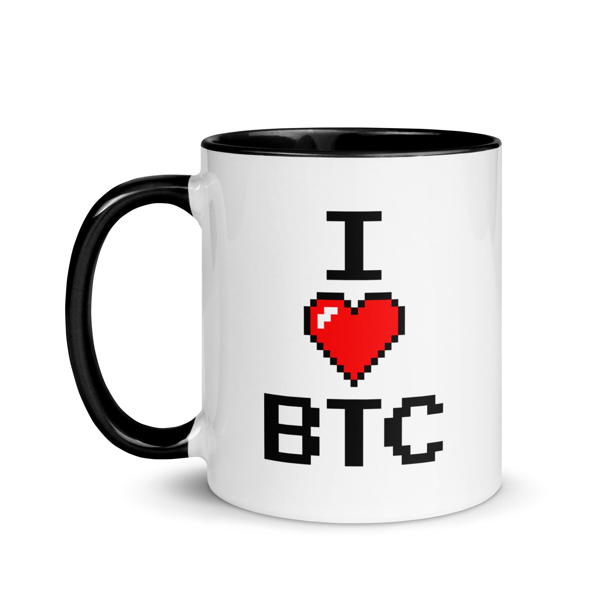Bitcoin Mug - I Love BTC Mug. Left handle view. 