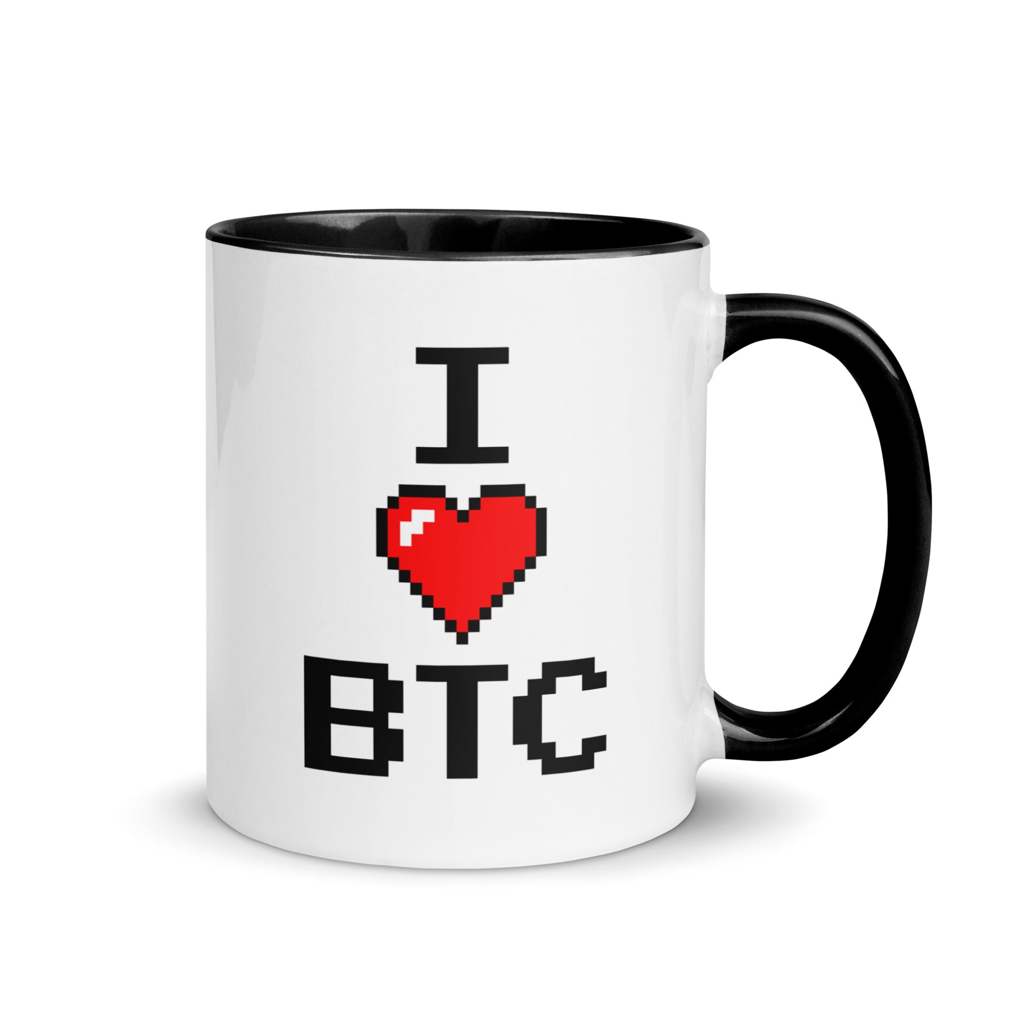 Bitcoin merchandise - I Love BTC Mug. Right handle view.