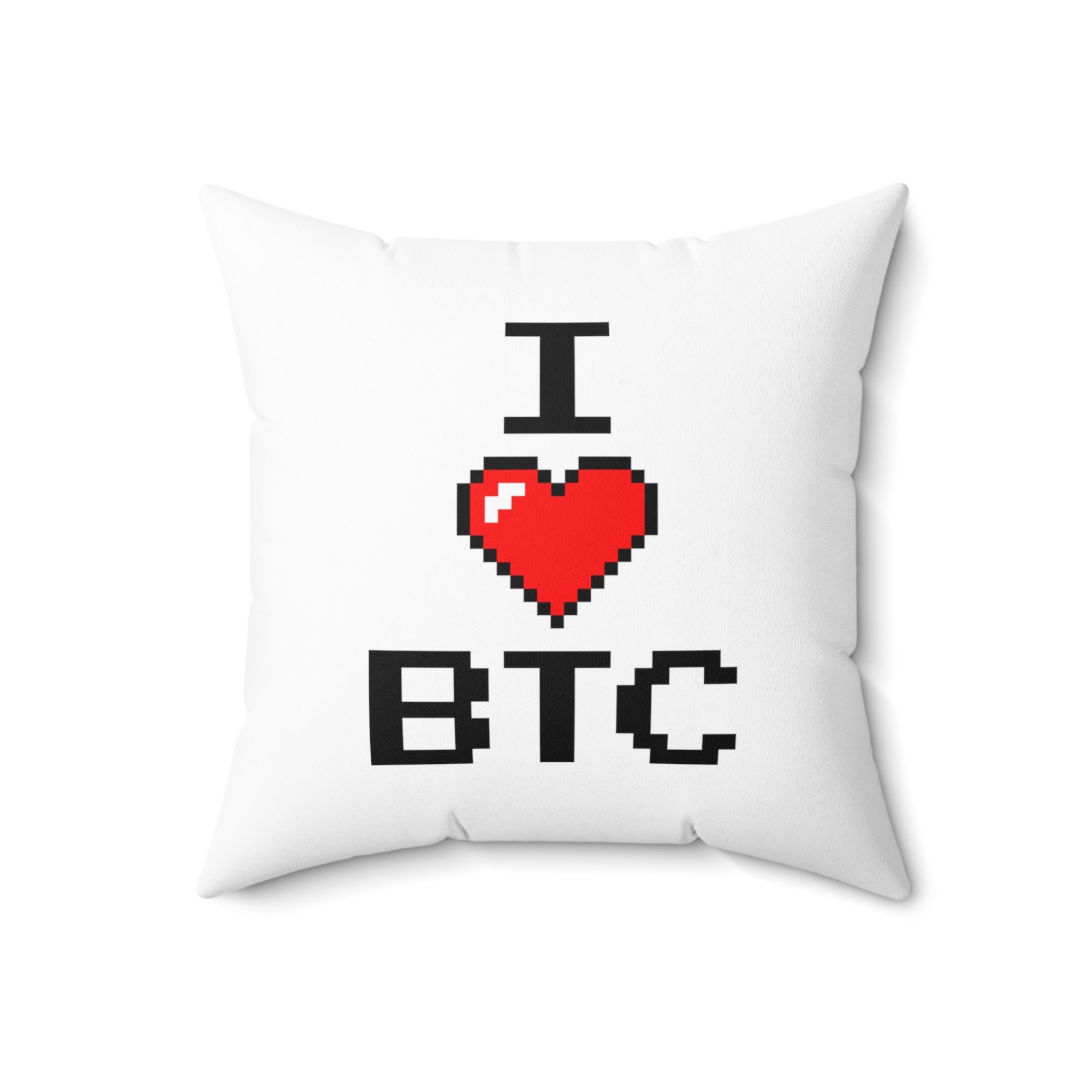 Bitcoin Merchandise - I Love BTC Pillow. Close Up View.