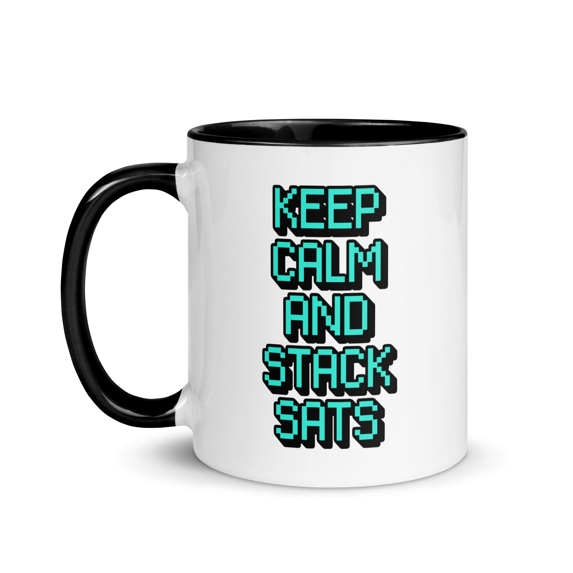 Gifts for Crypto Enthusiasts - Keep Calm And Stack Sats Mug. Left handle view.