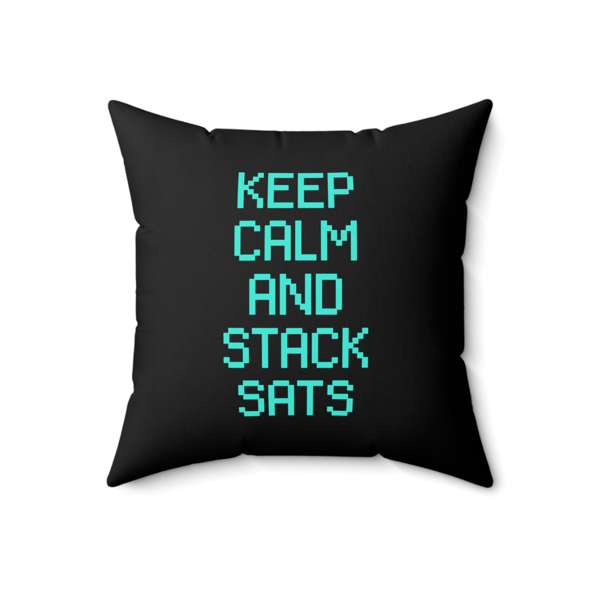 Bitcoin Merchandise - Keep Calm And Stack Sats Pillow (Pixel). Close Up View.