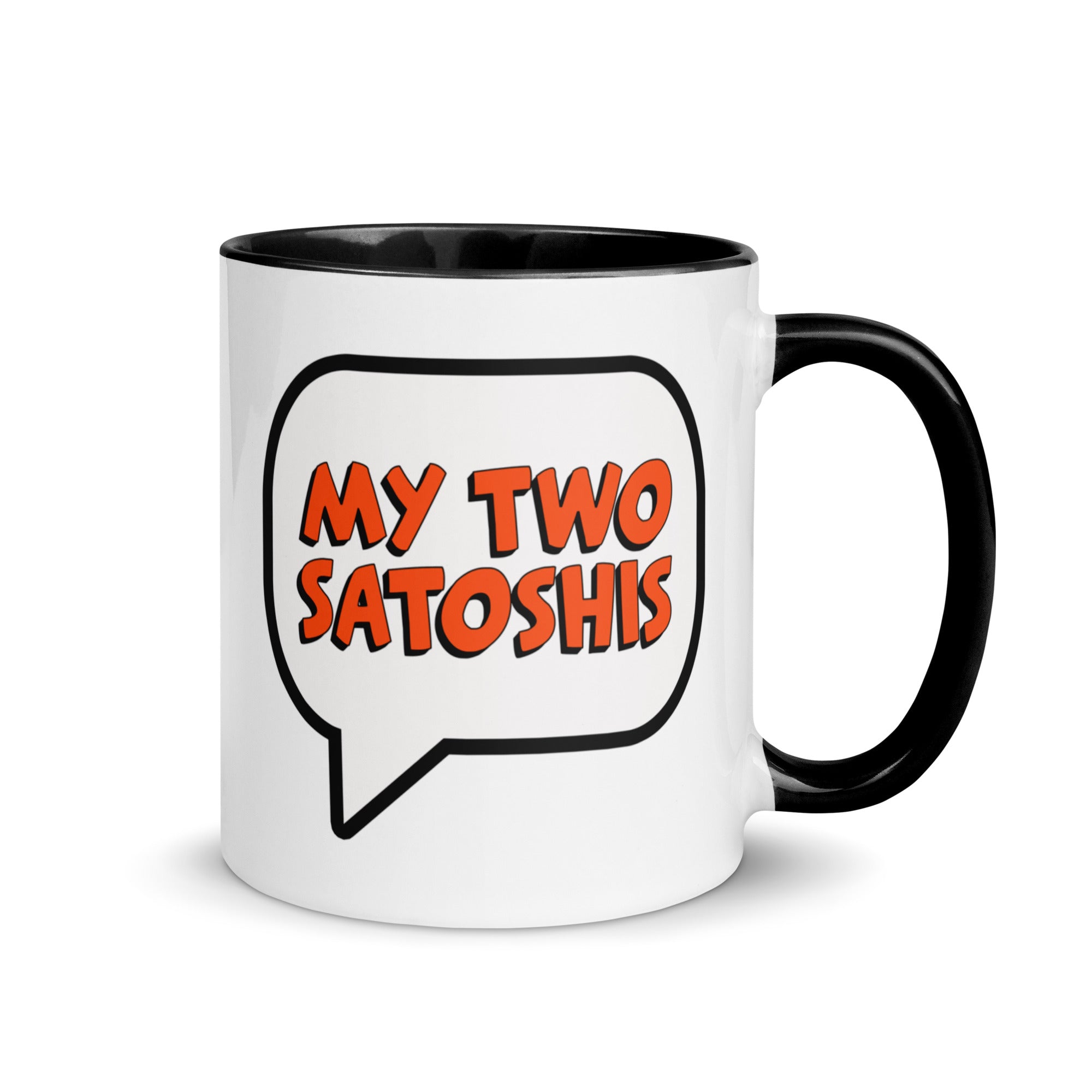 Bitcoin Merchandise - My Two Satoshis Mug. Right handle view.