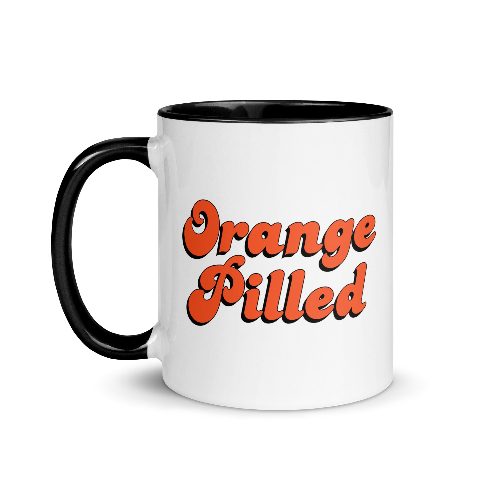 Bitcoin Gift Ideas - The Orange Pilled Mug features an eye-catching Bitcoin-themed design on a white glossy mug with black interior and handle. Left handle view.
