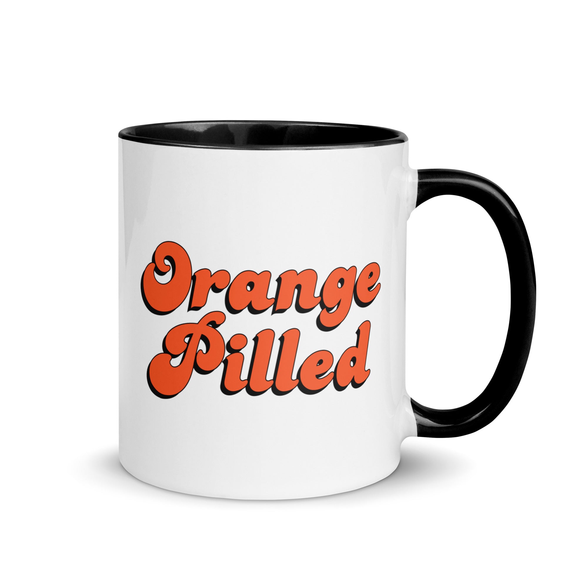 Bitcoin Mug - Our Orange Pilled Mug features an eye-catching retro-style design and makes a cool gift for Bitcoin enthusiasts. Right handle view.