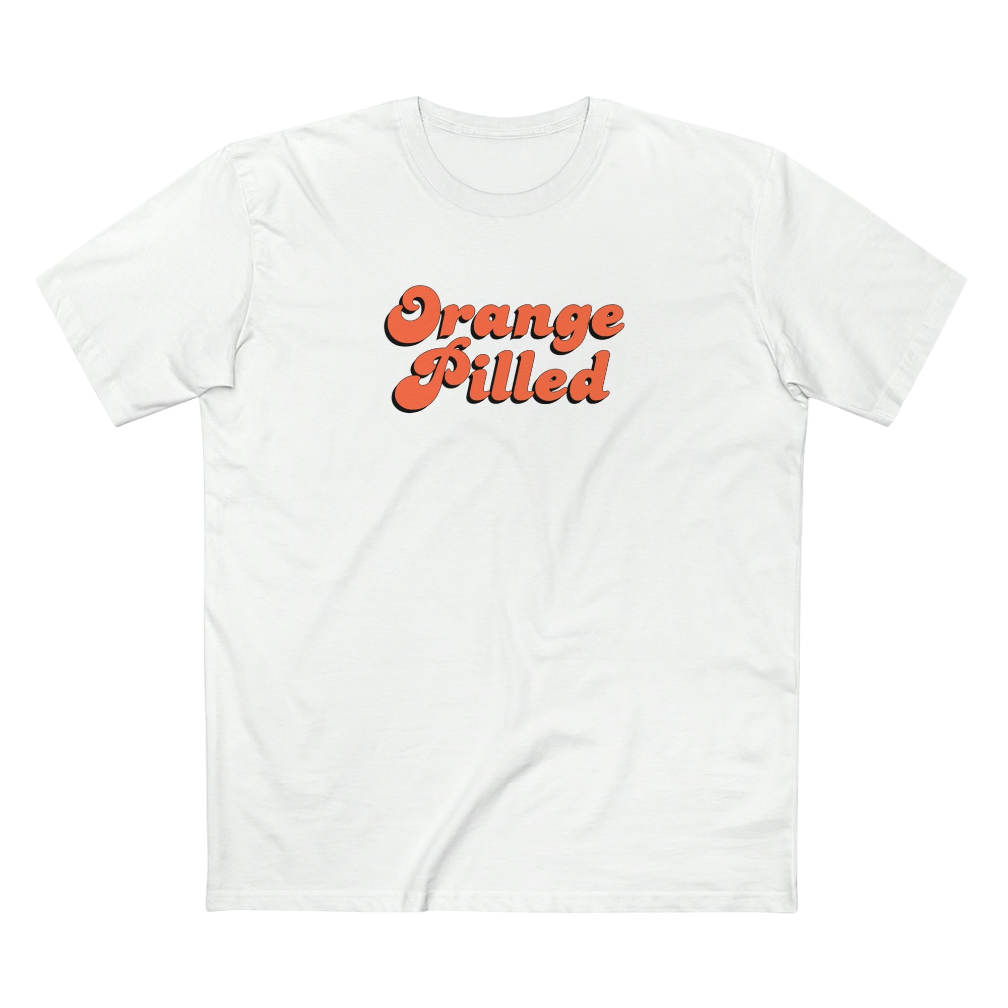 Bitcoin T Shirt - The Orange Pilled T-Shirt features a retro design. Color: White. Front view. 