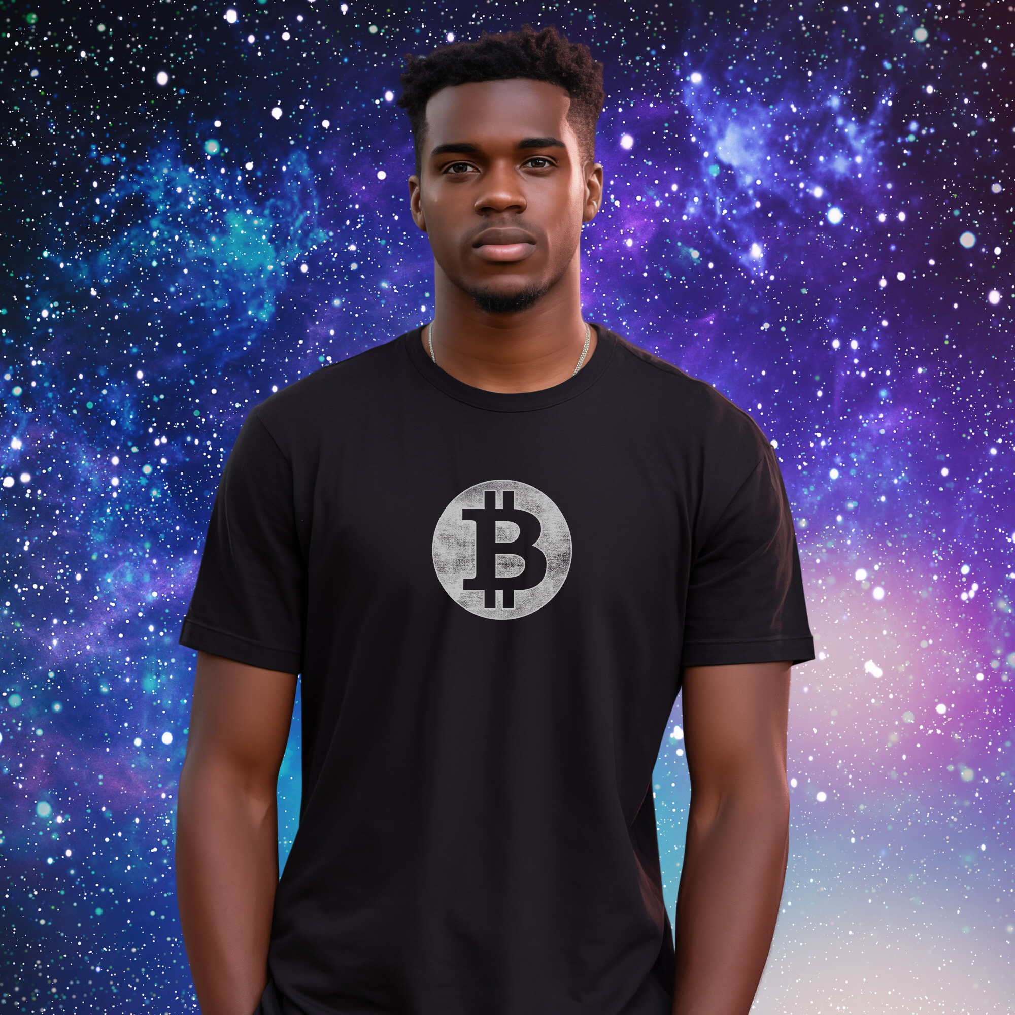 Bitcoin Apparel - Bitcoin Moon Tee. Male model. Front view. Available at NEONCRYPTO STORE.