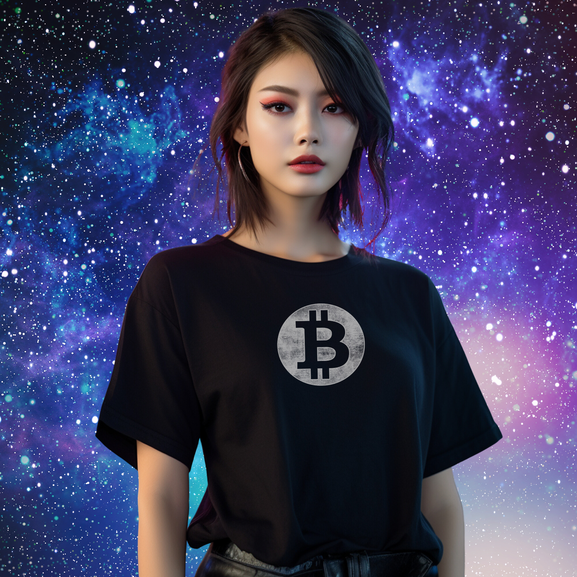 Bitcoin Clothing - Bitcoin Moon Tee. Female model. Front view. Available at NEONCRYPTO STORE.