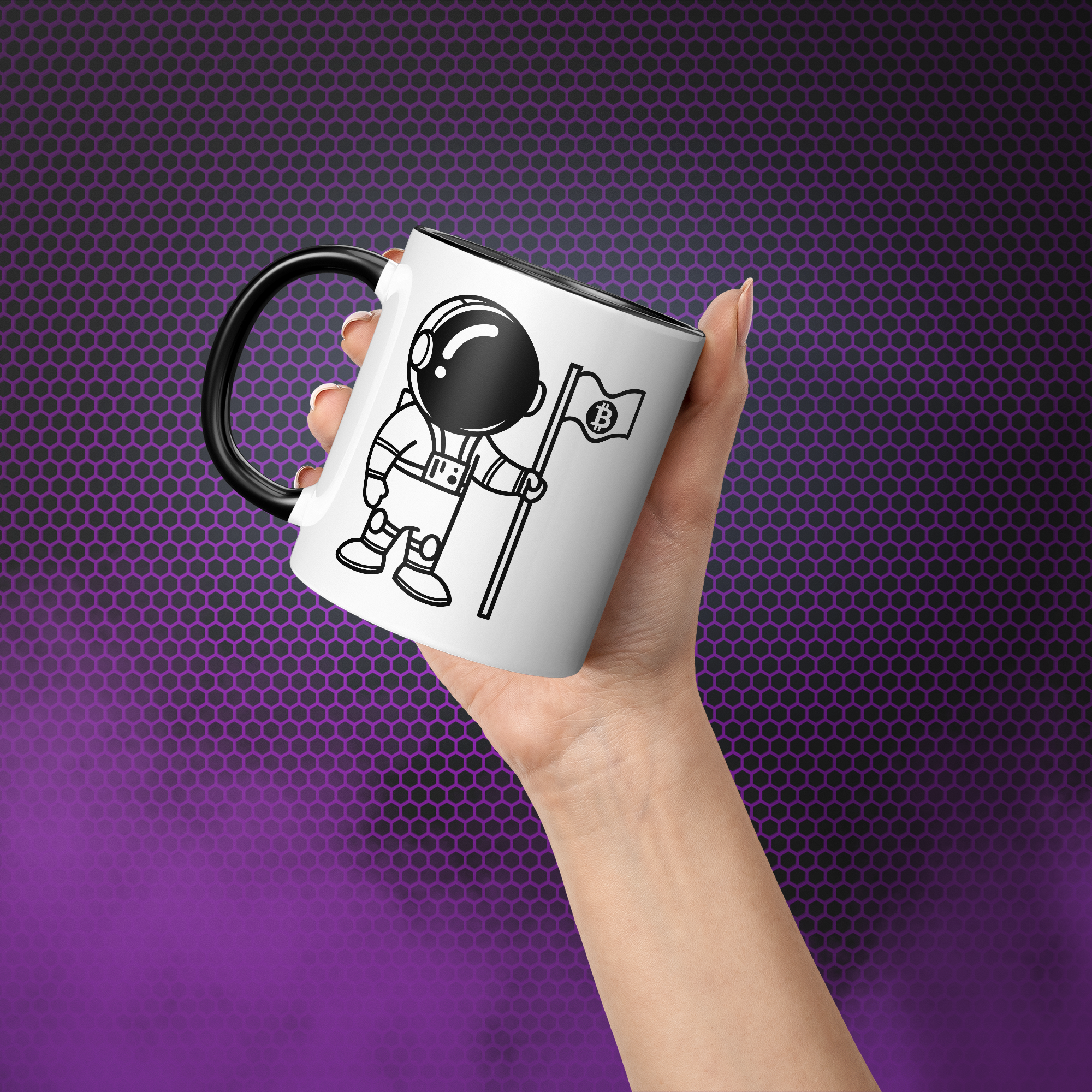 Gift for Bitcoin Lovers - Bitcoin To The Moon Mug. Hand model image. Available at NEONCRYPTO STORE.