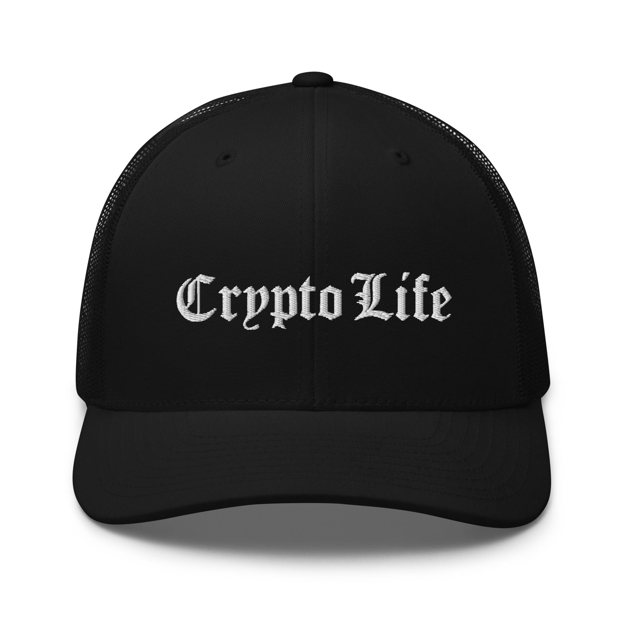 Crypto Headwear - The Crypto Life Trucker Hat features an embroidered Gothic script design. Color: Black. Front view.