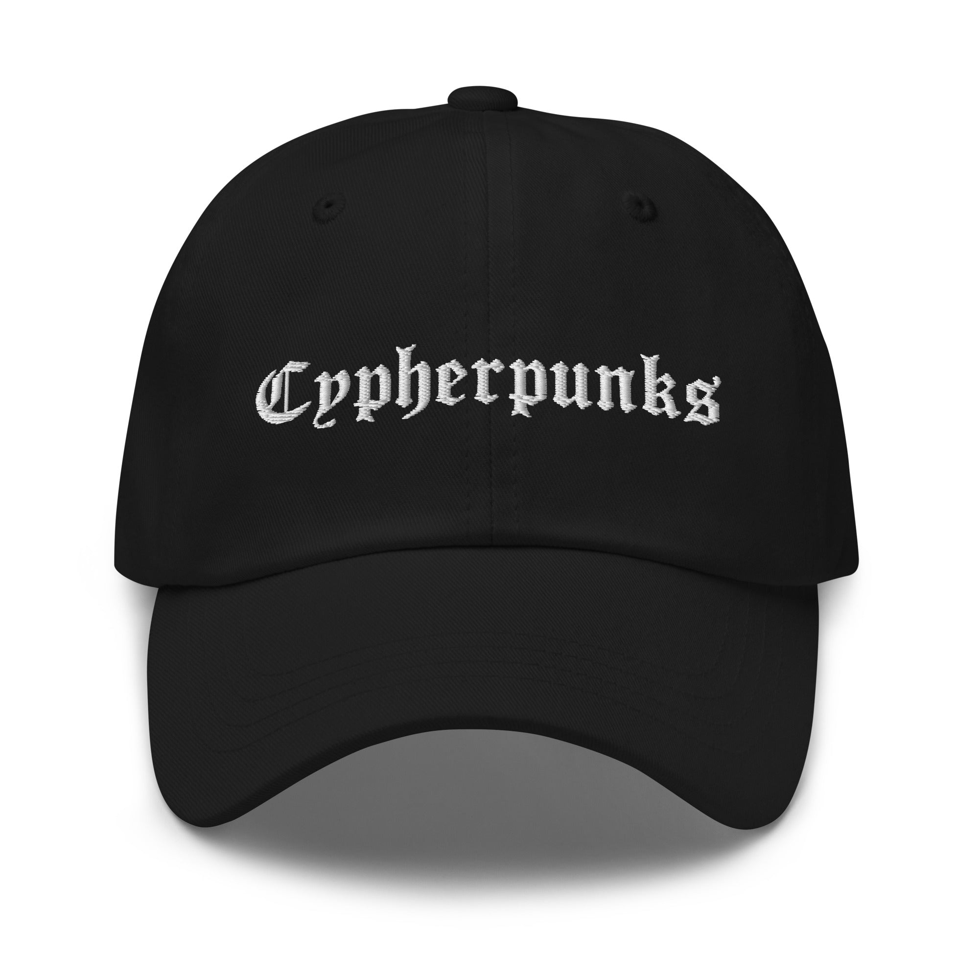 Crypto Hat - The Cypherpunks Hat features a Gothic script design on a black cap. Front view.