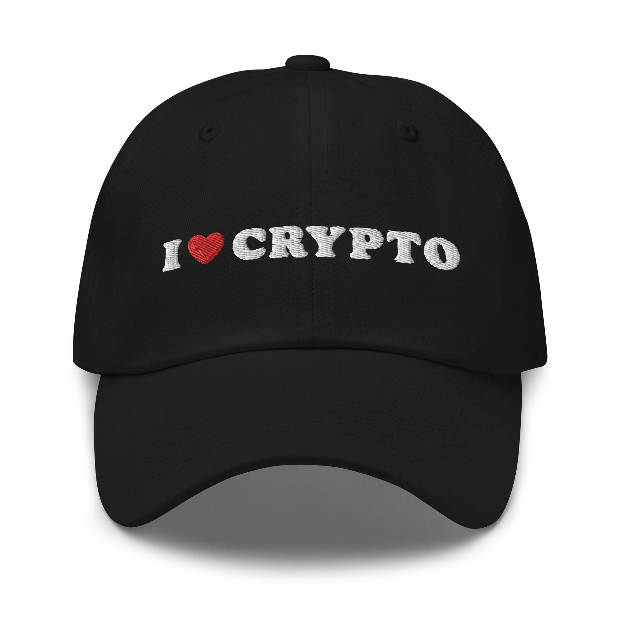 Crypto Cap - The I Love Crypto Hat features a bold embroidered design on a black cap. Front View.