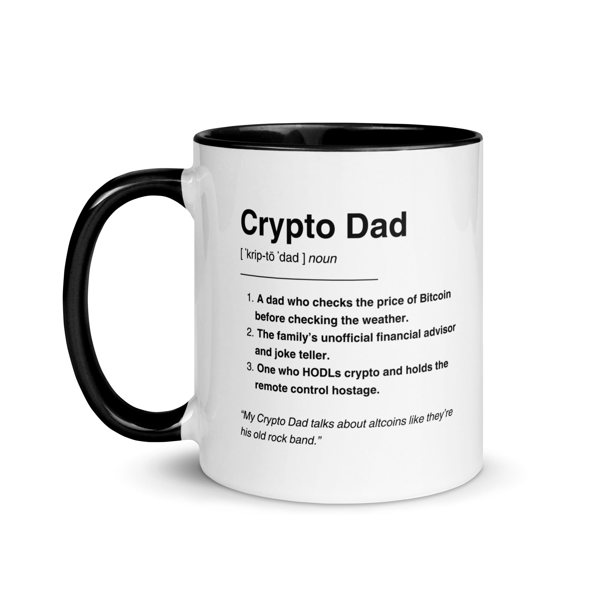 Funny Crypto Mug: Crypto Dad Dictionary Mug (left handle view). Available fron NEONCRYPTO STORE.