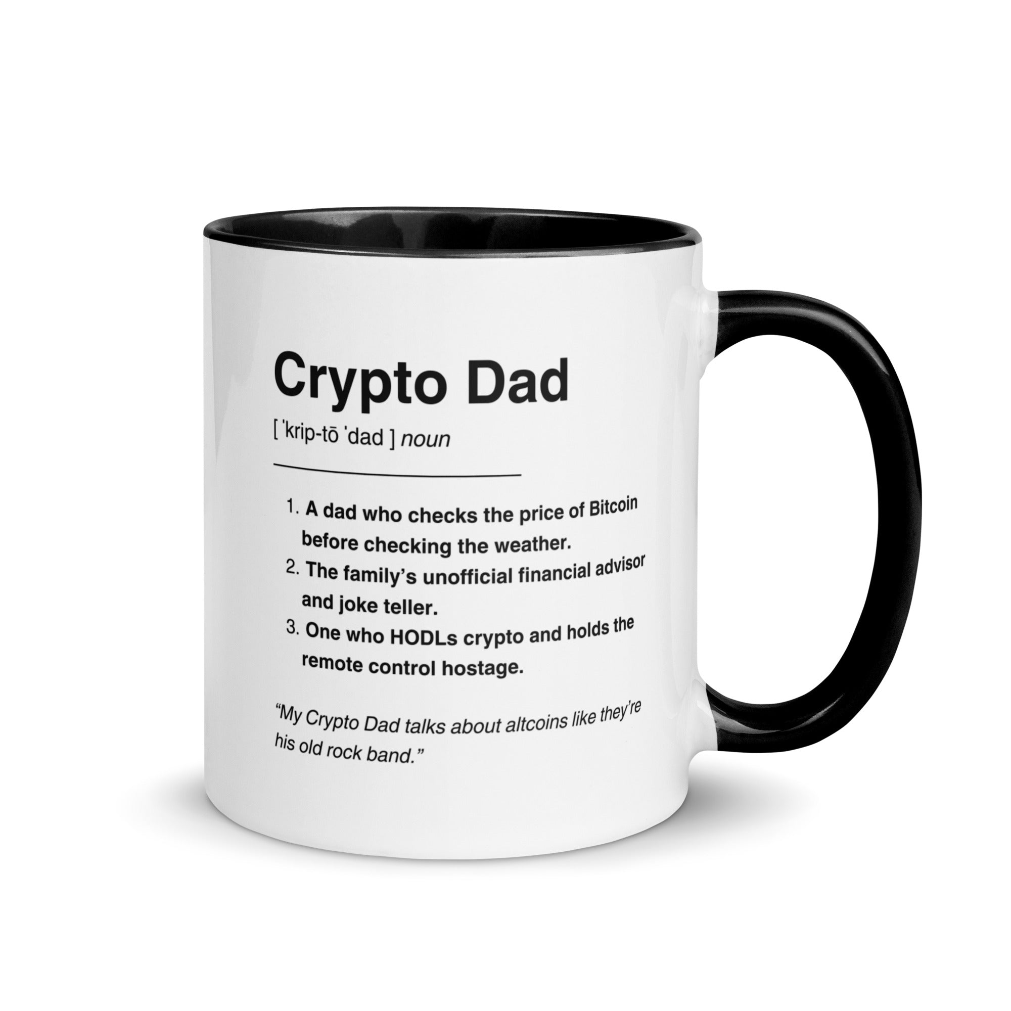 Crypto Gift for Dad: Crypto Dad Dictionary Mug (right handle view). Available fron NEONCRYPTO STORE.