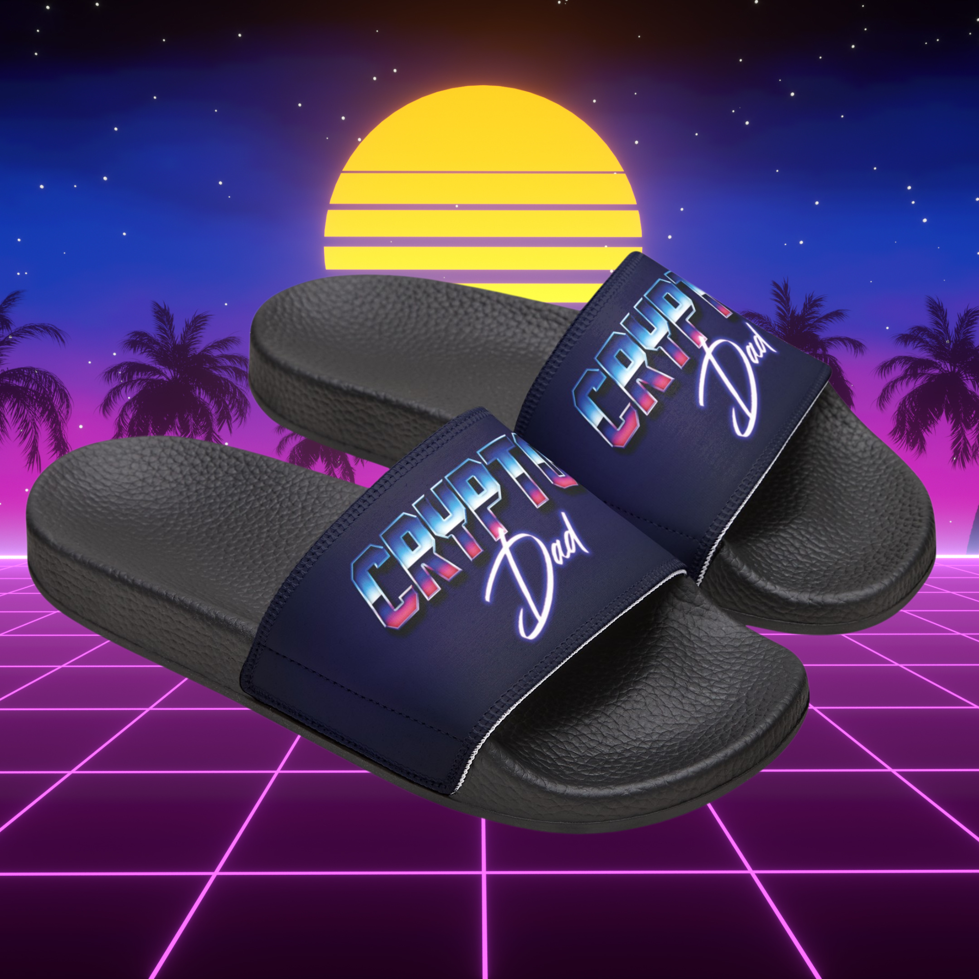 Crypto Shoes: Crypto Dad Slides. Angle view. Available from NEONCRYPTO STORE.