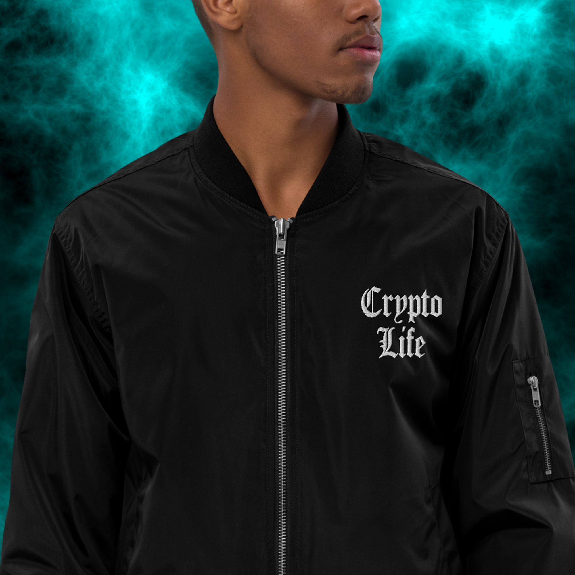 Crypto Clothing - Crypto Life Bomber Jacket worn by male model. Front view.