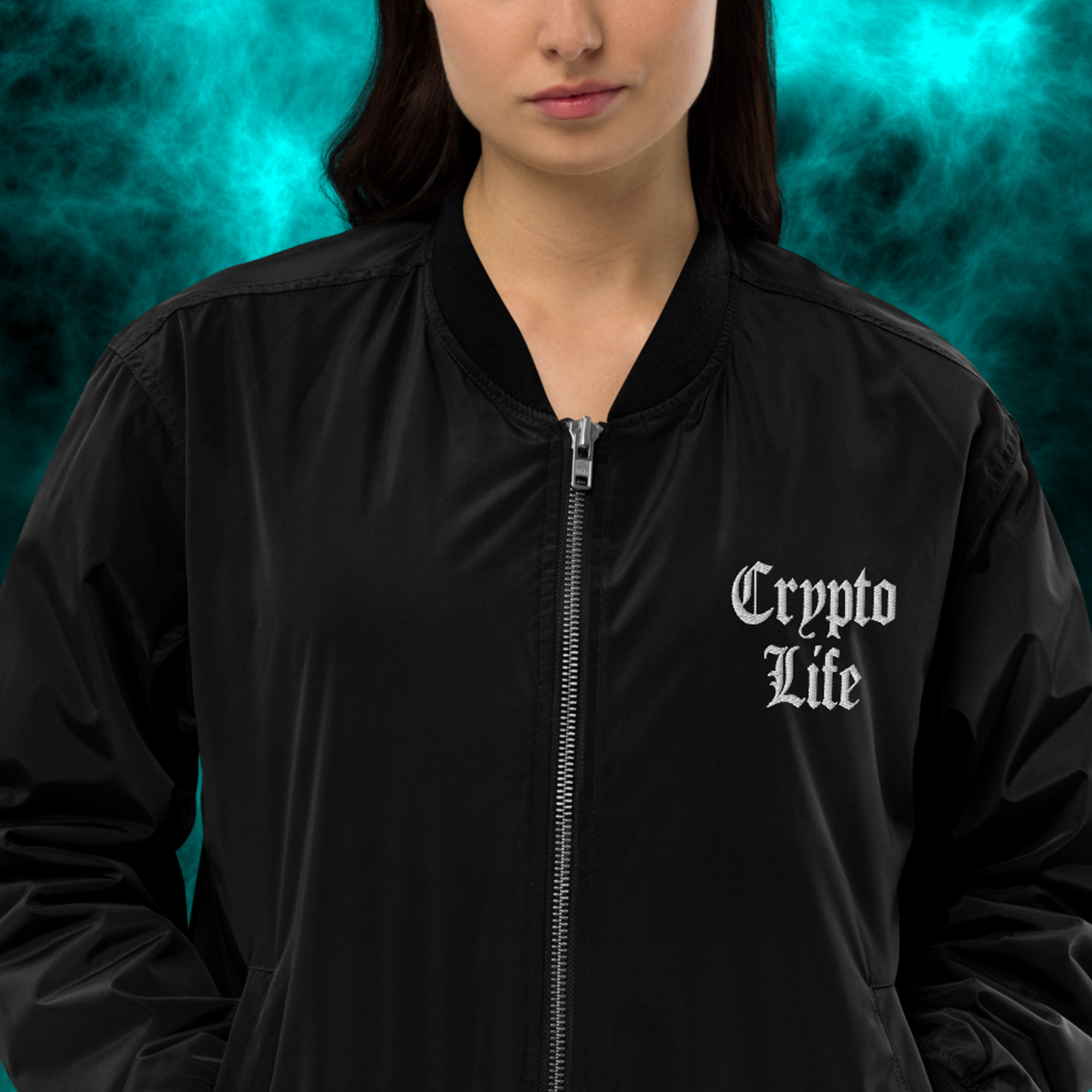 Crypto Merchandise - Crypto Life Bomber Jacket worn by female model. Front view.
