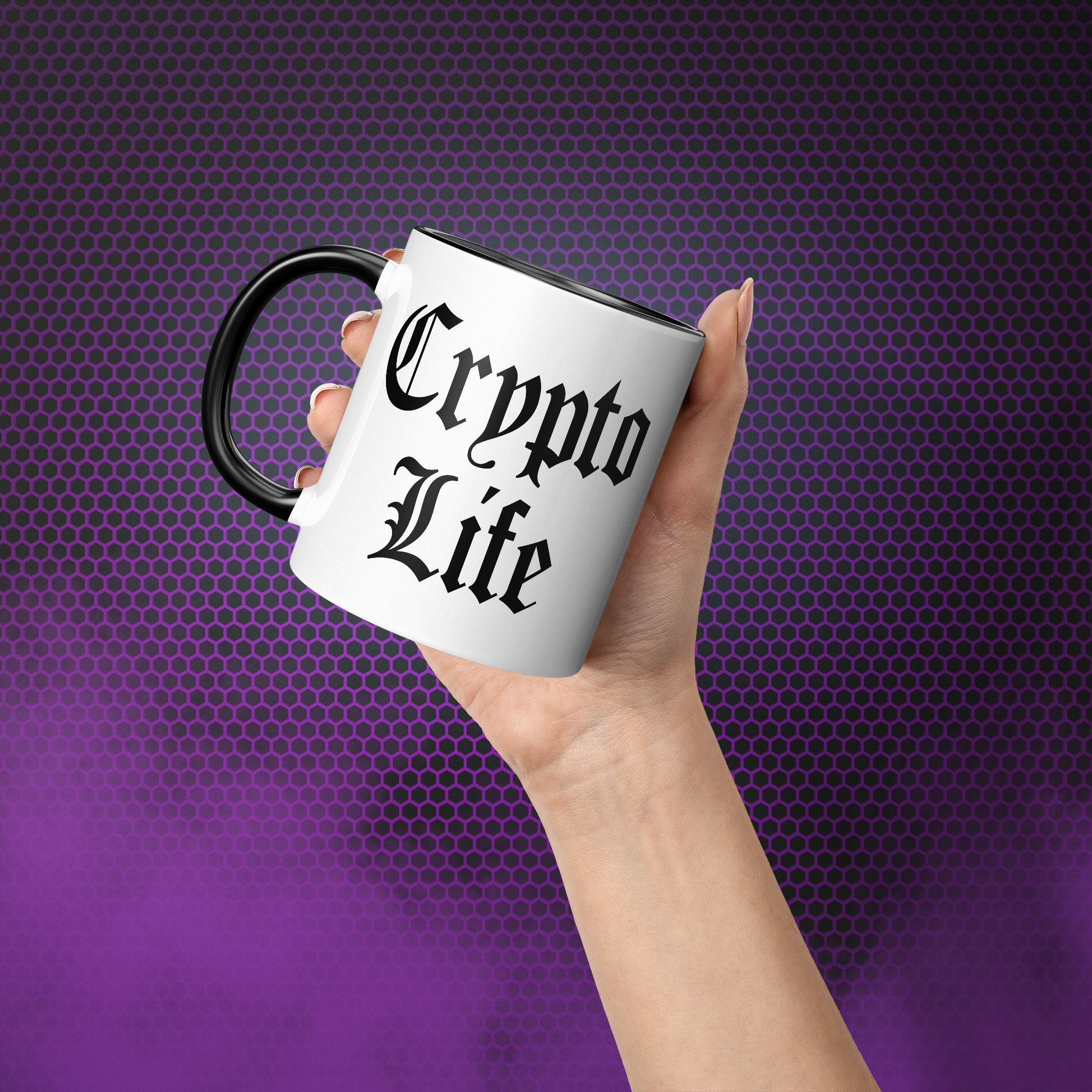  Gift for Crypto Lovers - Crypto Life Mug. Hand model image. Available at NEONCRYPTO STORE.