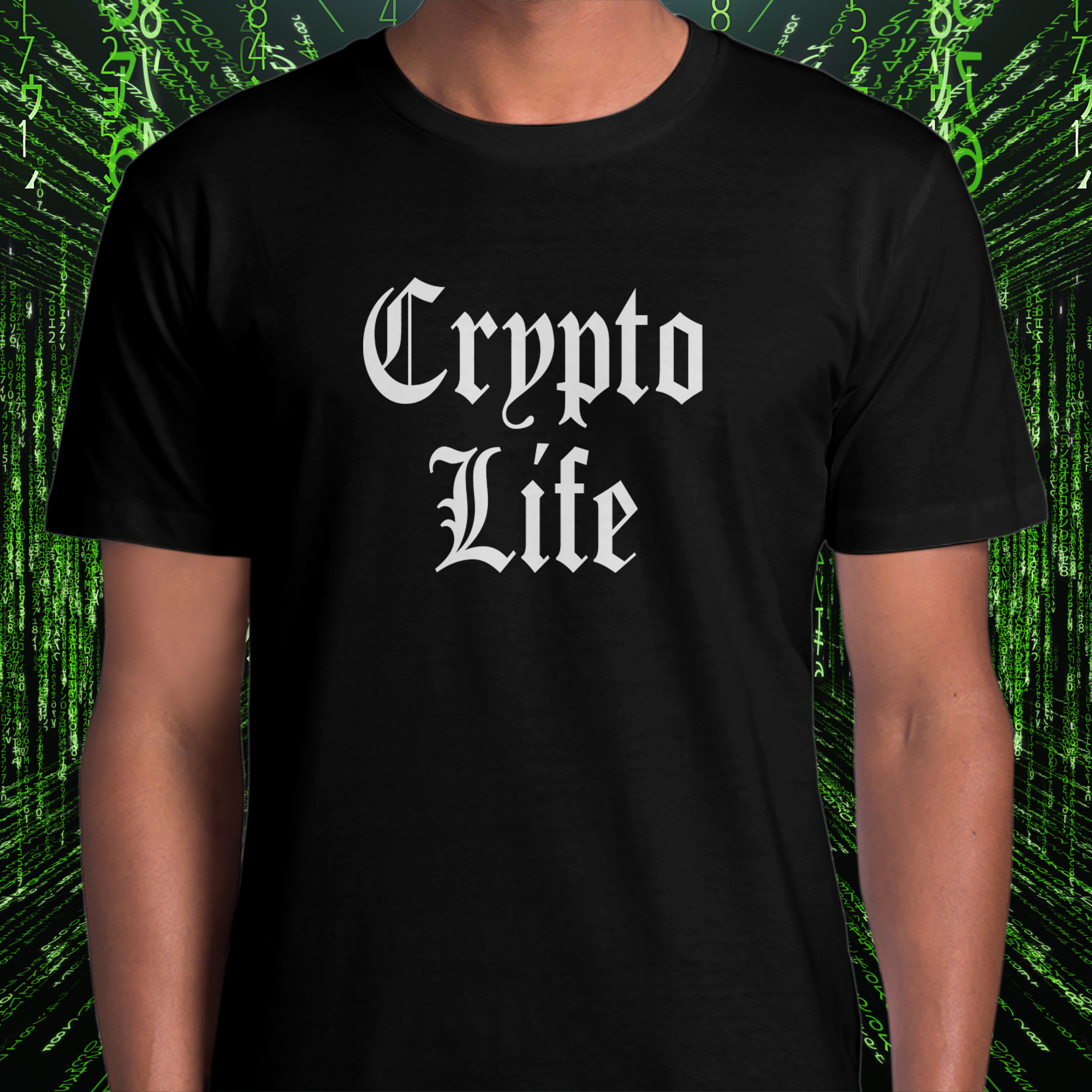 Crypto Apparel - Crypto Life T-Shirt. Model image (front view).