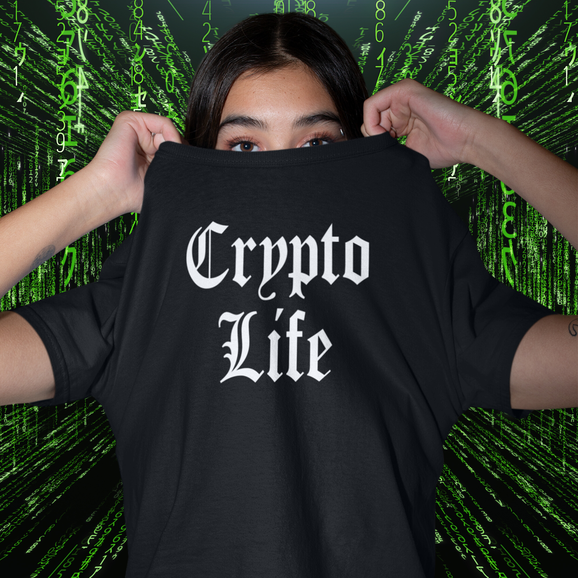 Crypto Clothing - Crypto Life Shirt. Female model image (front view).