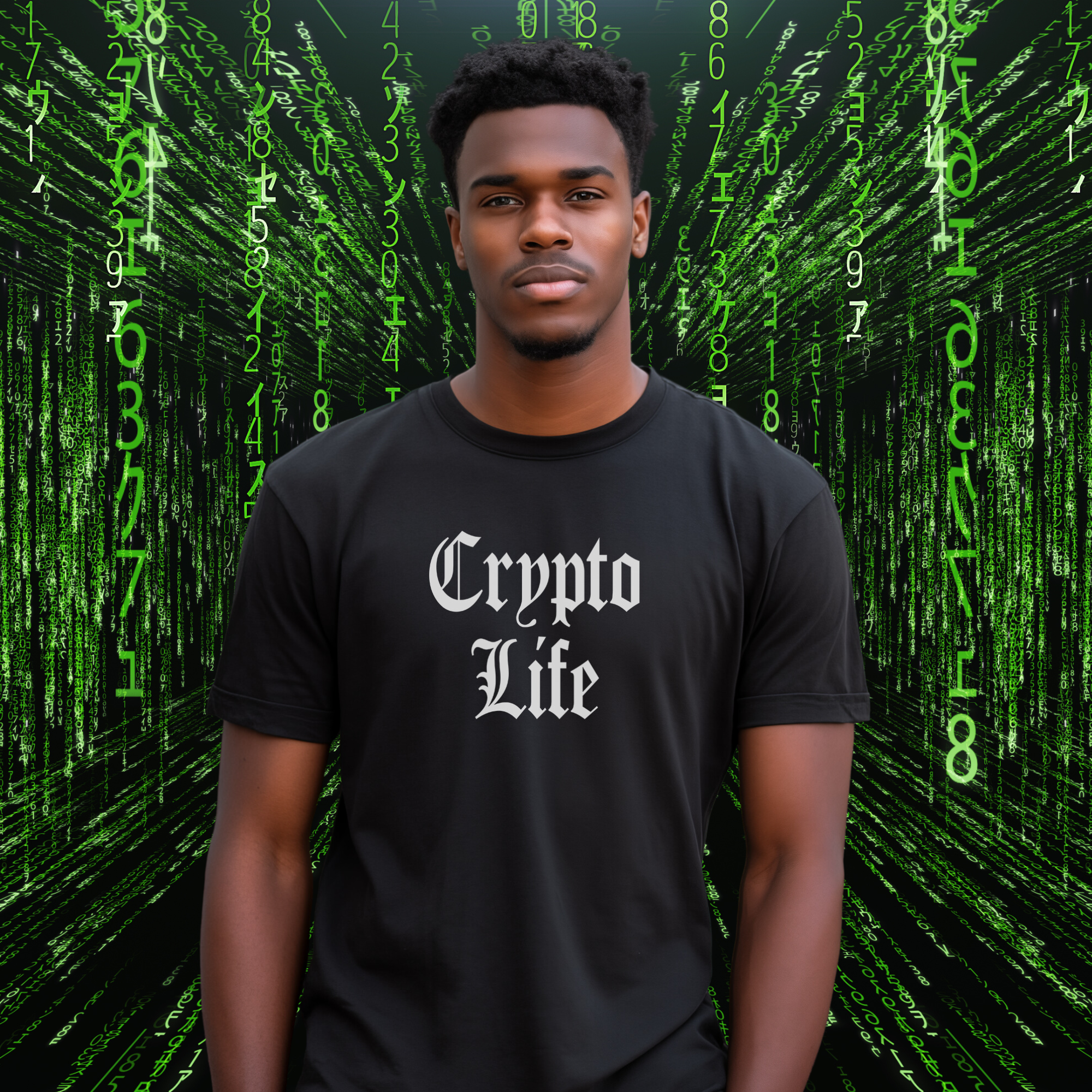 Crypto Merch - Crypto Life Tee. Male model image (front view).