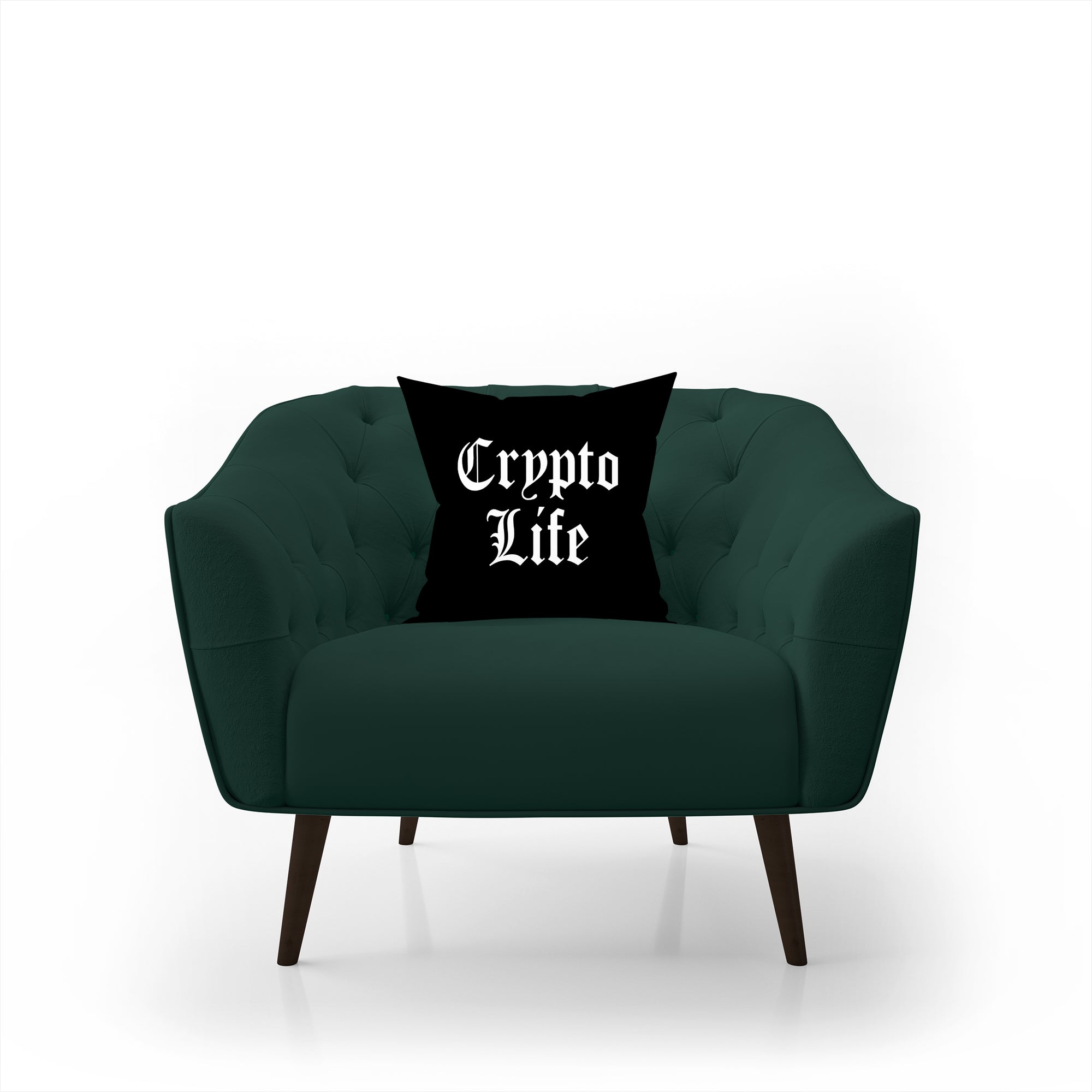 Crypto Merchandise - Crypto Life Pillow displayed on green armchair.