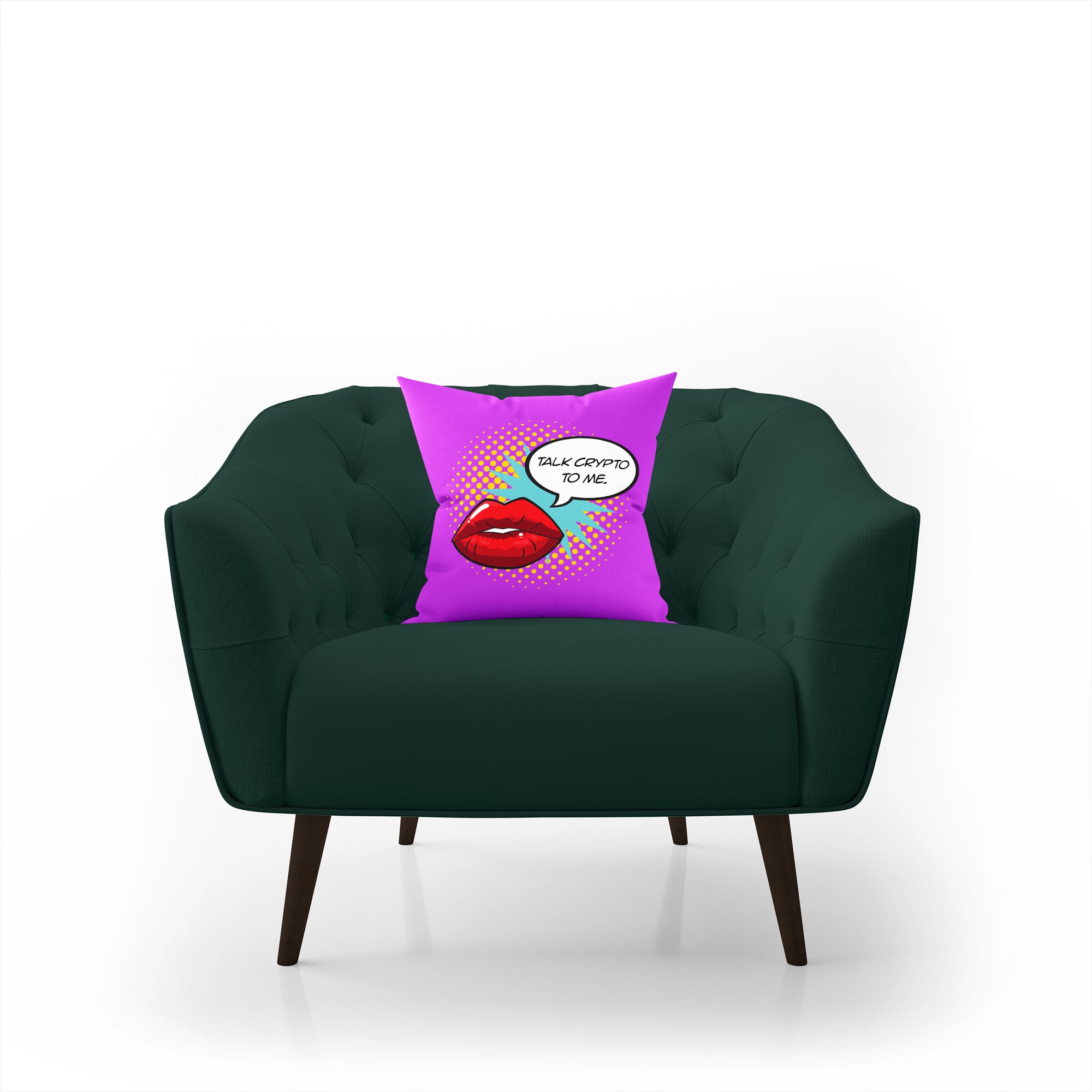 Crypto Merchandise - Talk Crypto To Me Pillow displayed on green armchair.