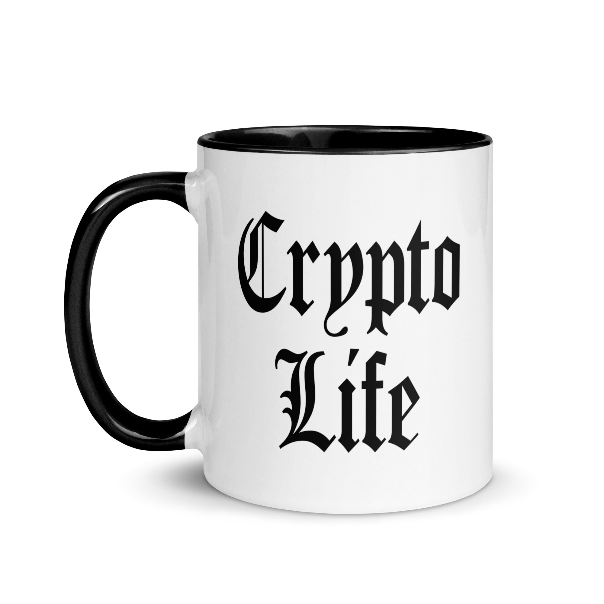 Cryptocurrency Gift Ideas - Crypto Life Mug. Left handle view.