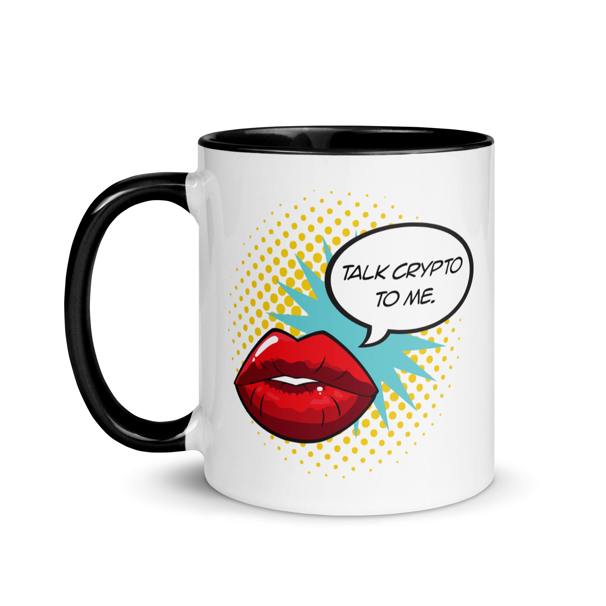 Cryptocurrency Gift Ideas - Talk Crypto To Me Mug. Left handle view.