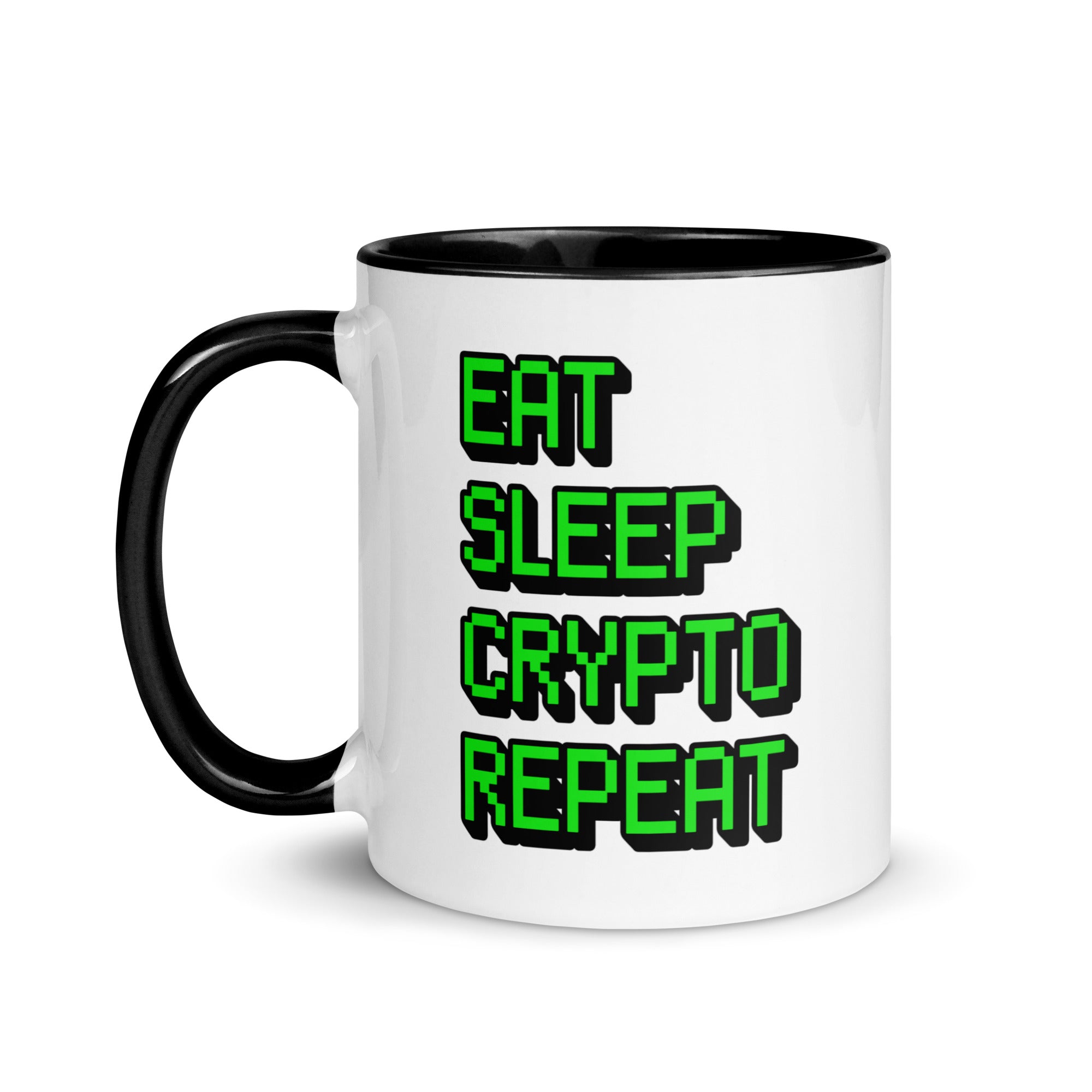 Cryptocurrency Gift Ideas - Eat Sleep Crypto Repeat Mug. Left handle view.