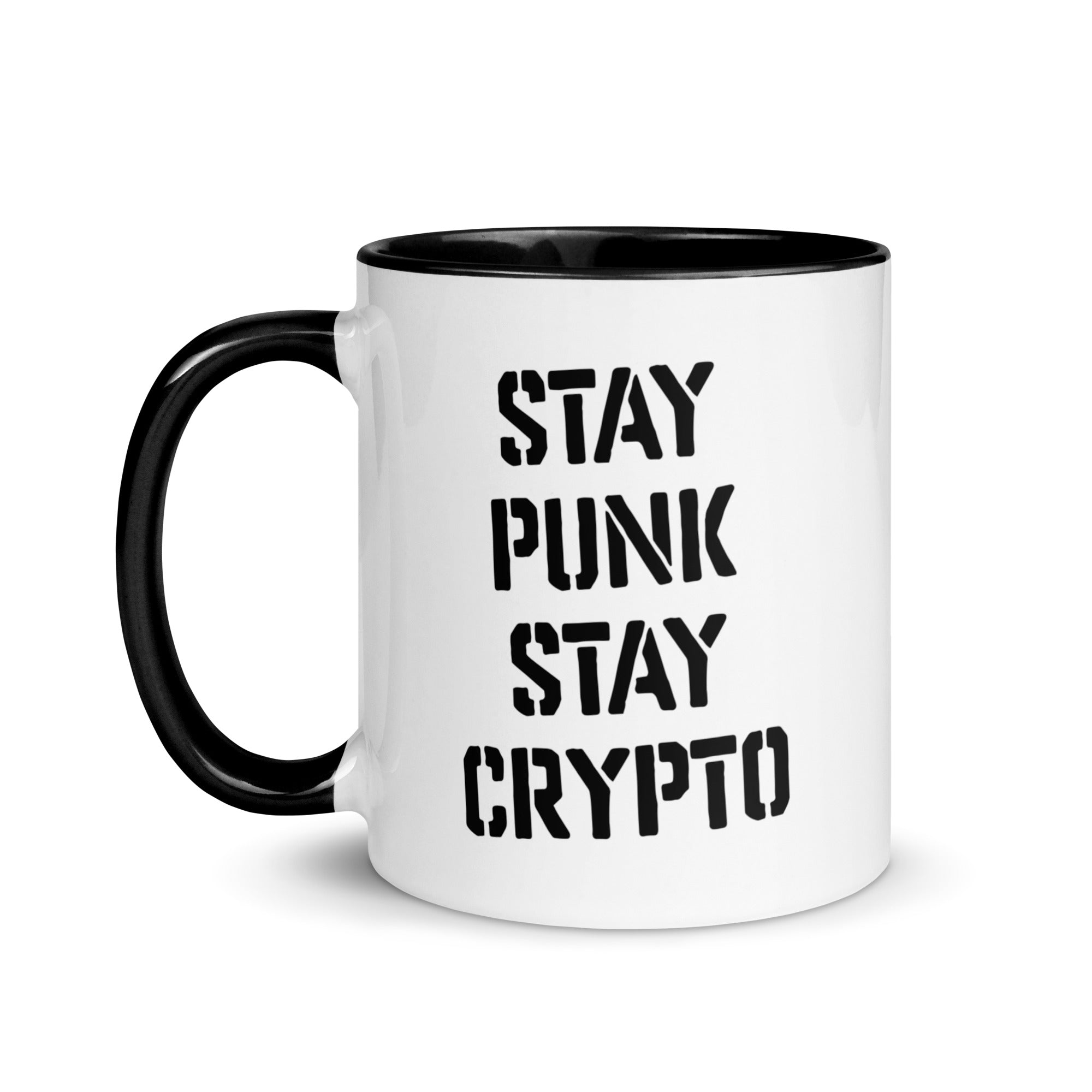 Cryptocurrency Gift Ideas - Stay Punk, Stay Crypto Mug. Left handle view.