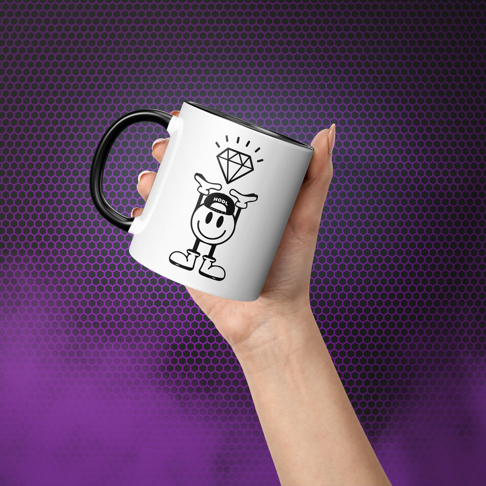 Gift for Crypto Lovers - Diamond Hands Mug. Hand model image. Available at NEONCRYPTO STORE.
