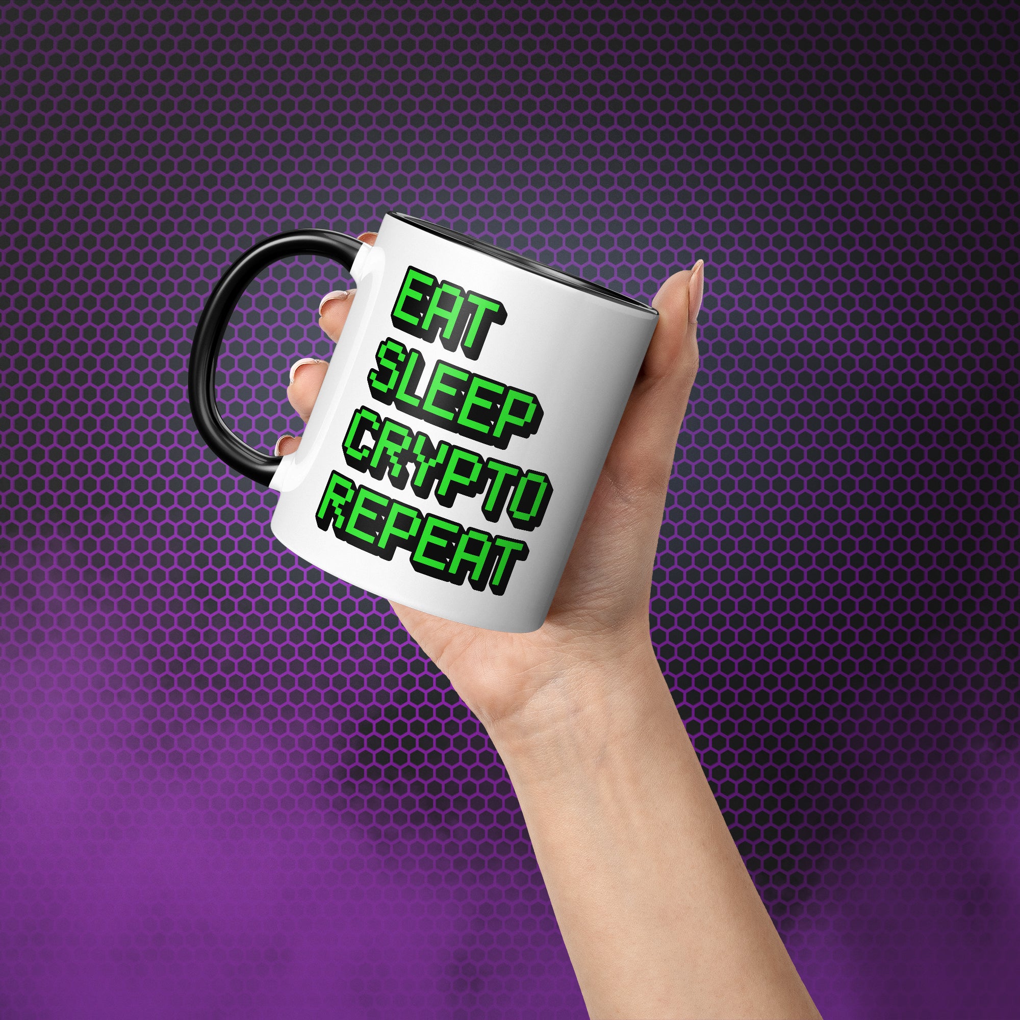  Gift for Crypto Lovers - Eat Sleep Crypto Repeat Mug. Hand model image. Available at NEONCRYPTO STORE.