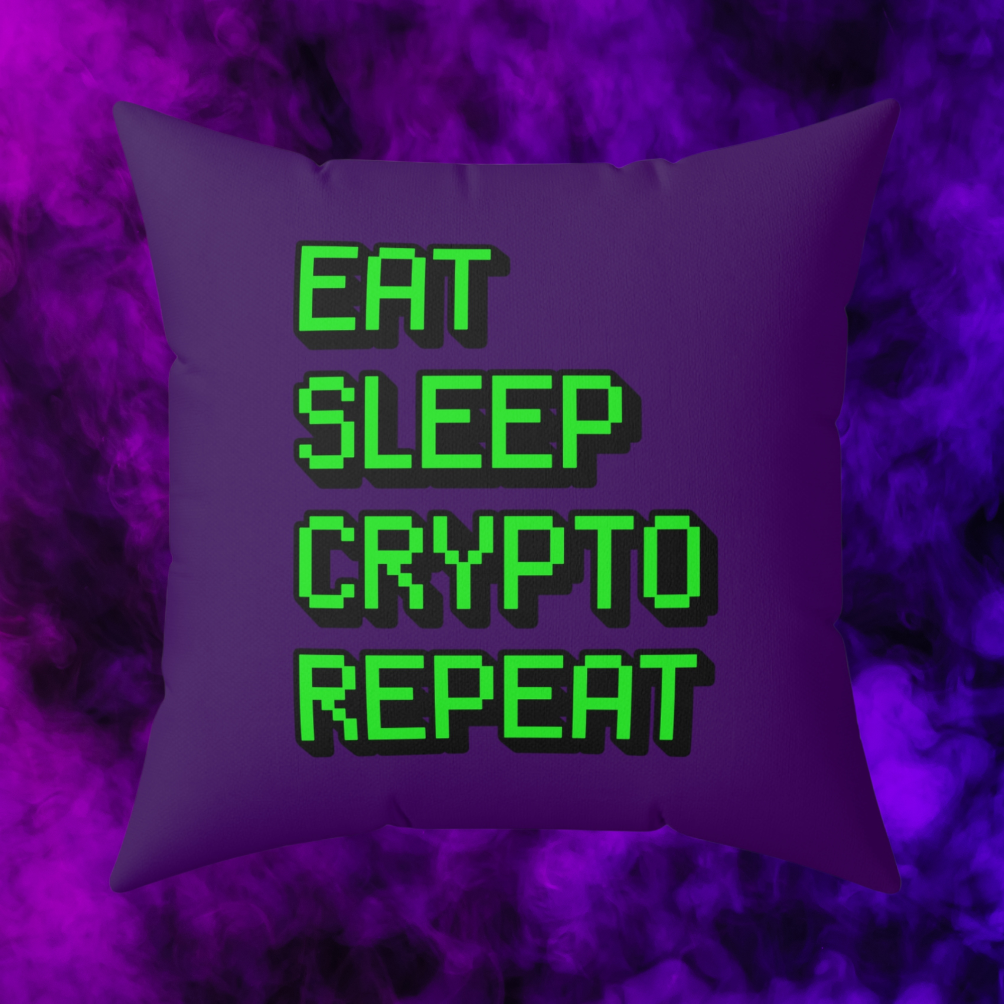 Crypto Home Decor - Eat Sleep Crypto Pillow available from NEONCRYPTO STORE.
