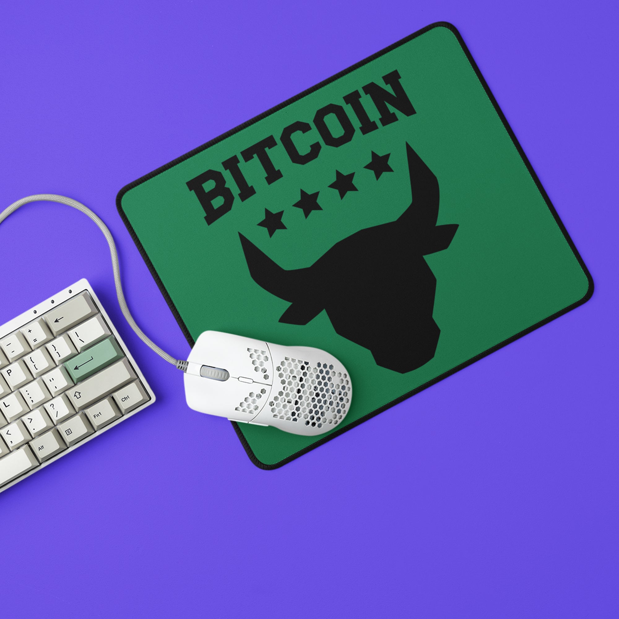 Bitcoin Accessories - Bitcoin Bull Mouse Pad displayed with keyboard and mouse.