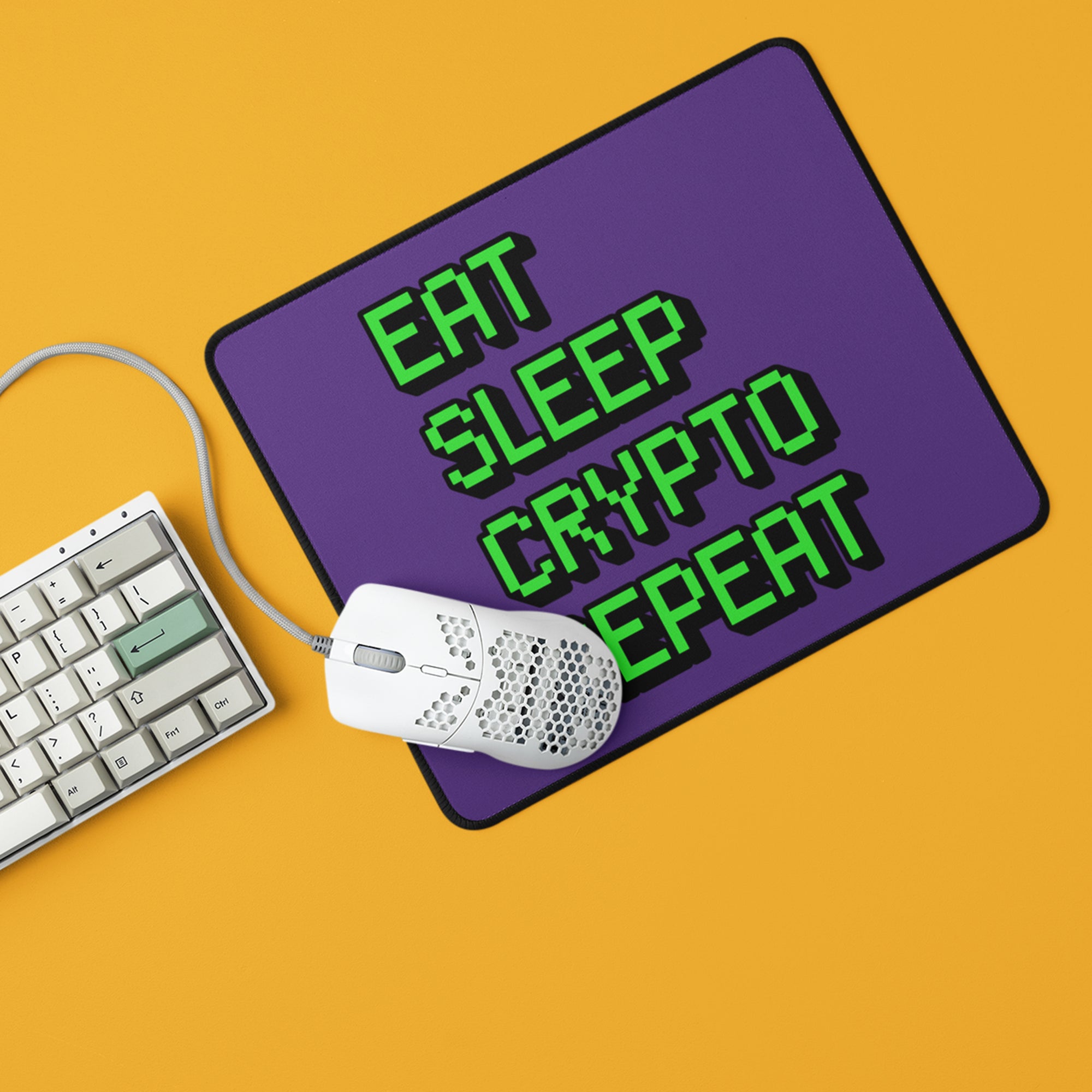 Gifts for Crypto Lovers - Eat Sleep Crypto Repeat Mouse Pad displayed with keyboard and mouse.