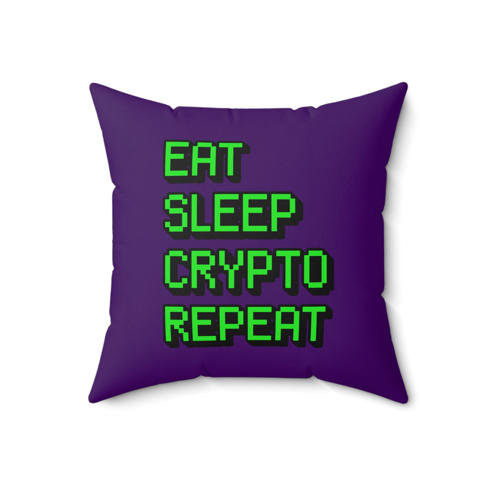 Cryptocurrency Gift Ideas - Eat Sleep Crypto Repeat Pillow. Close Up View.