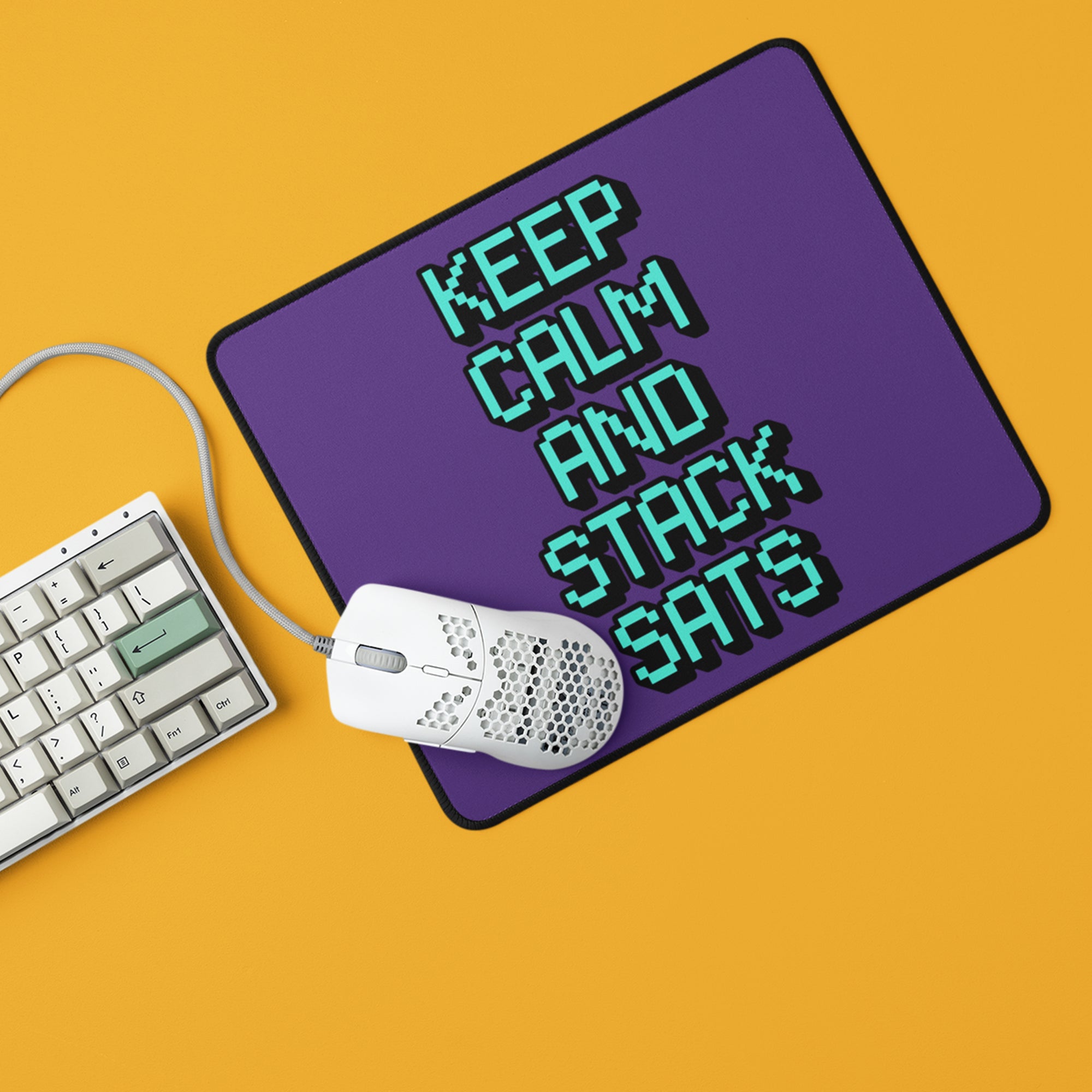 Bitcoin Accessories - Keep Calm And Stack Sats Mouse Pad displayed with keyboard and mouse.