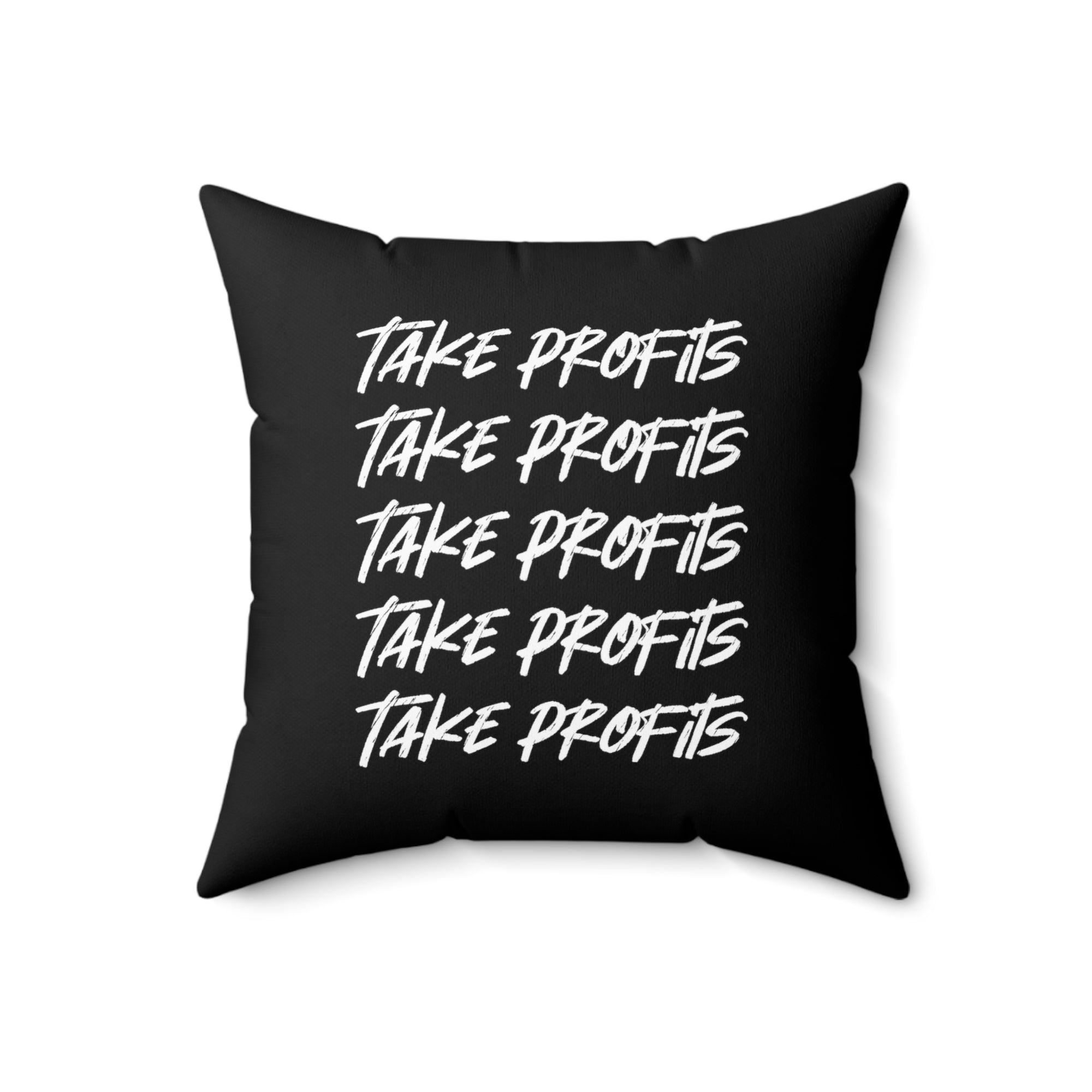 Gifts for Crypto Lovers - Take Profits Mantra Pillow. Close Up View.