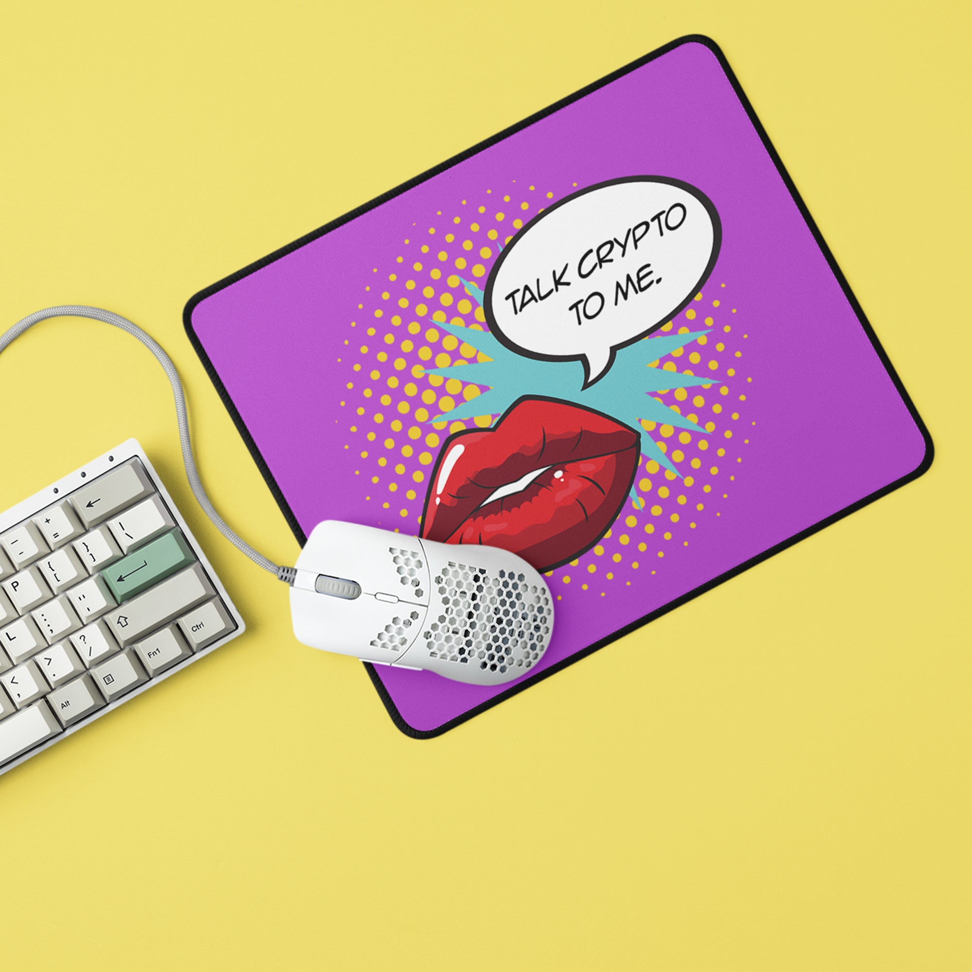 Gifts for Crypto Lovers - Talk Crypto To Me Mouse Pad displayed with keyboard and mouse.