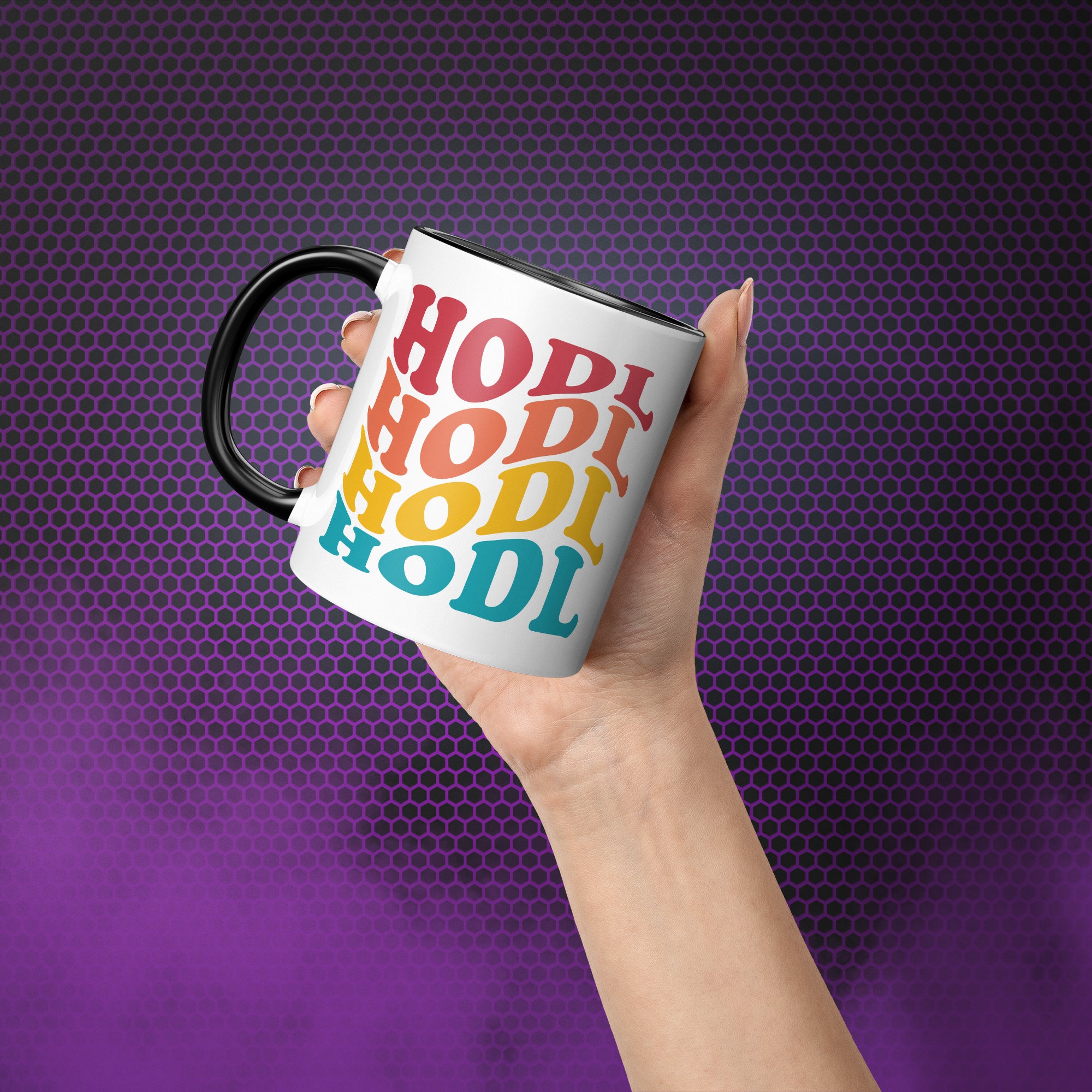  Gift for Crypto Lovers - HODL Mug. Hand model image. Available at NEONCRYPTO STORE.