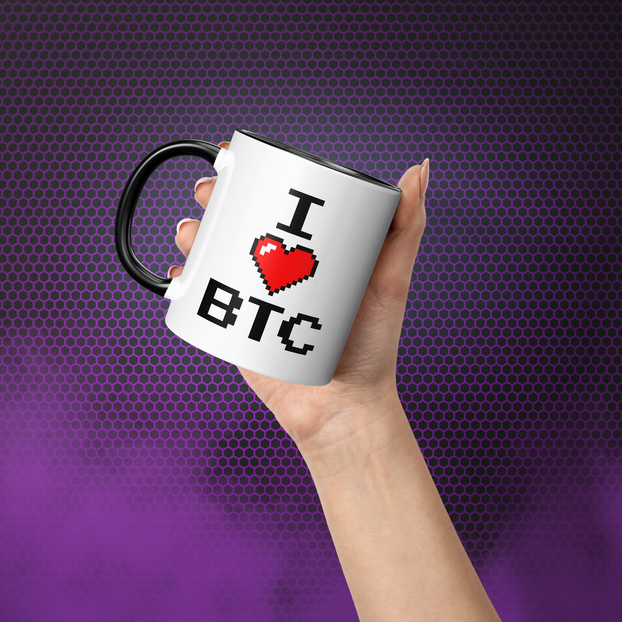 Gift for Bitcoin Lovers - I Love BTC Mug. Hand model image.