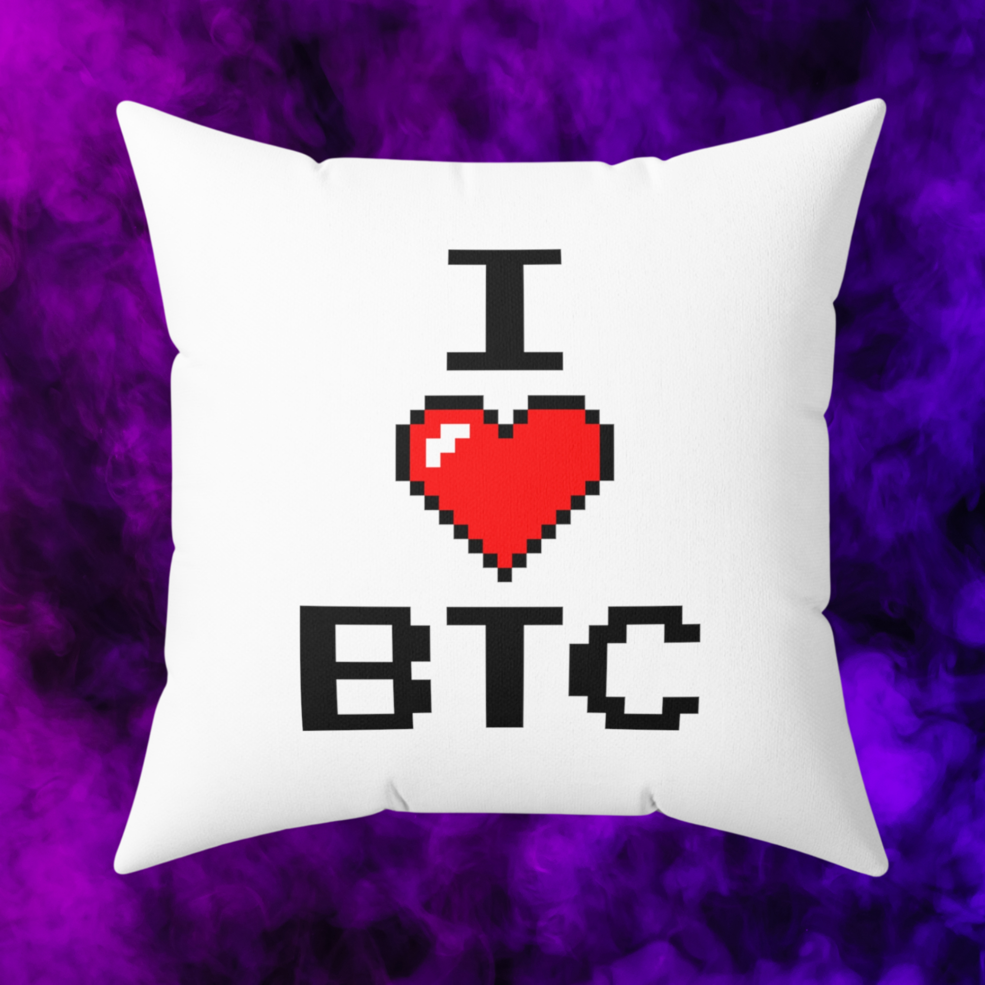 Bitcoin Home Decor - I Love BTC Pillow (Pixel Style) available from NEONCRYPTO STORE.