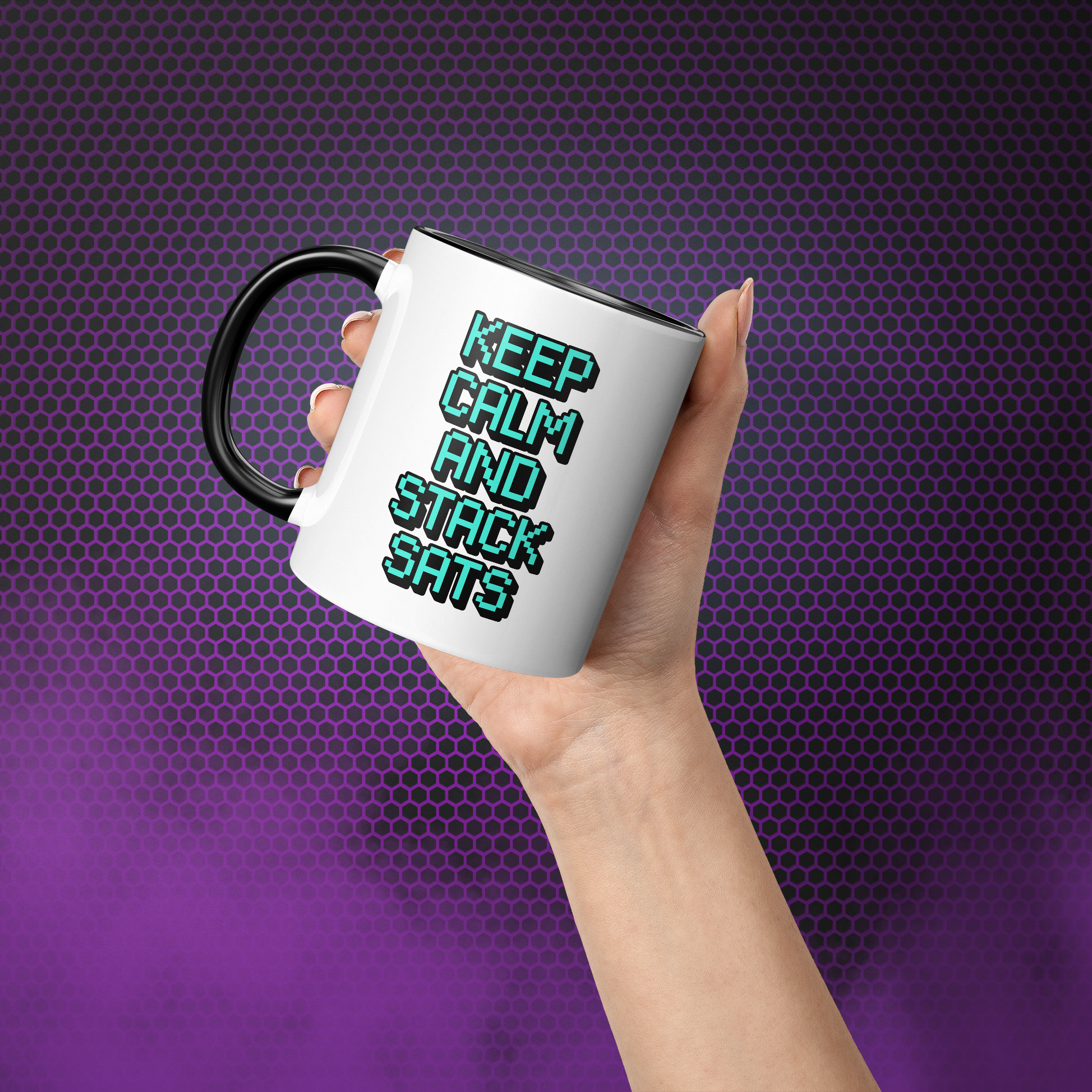 Bitcoin Merchandise - Keep Calm And Stack Sats Mug - hand model image.