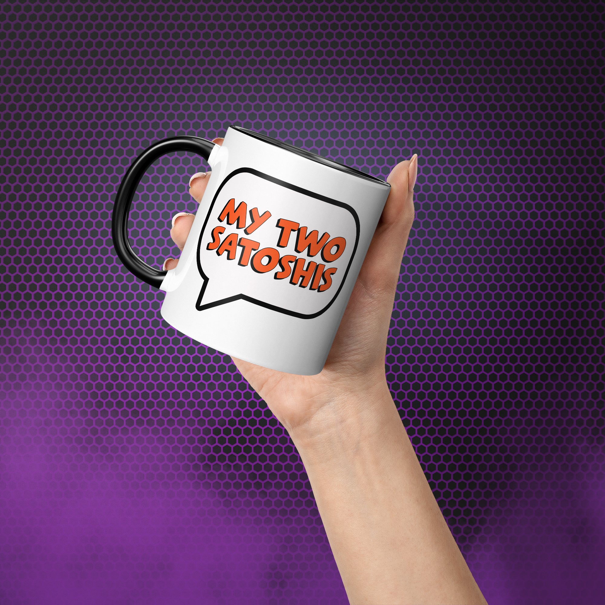  Gift for Bitcoin Lovers - My Two Satoshis Mug. Hand model image. Available at NEONCRYPTO STORE.