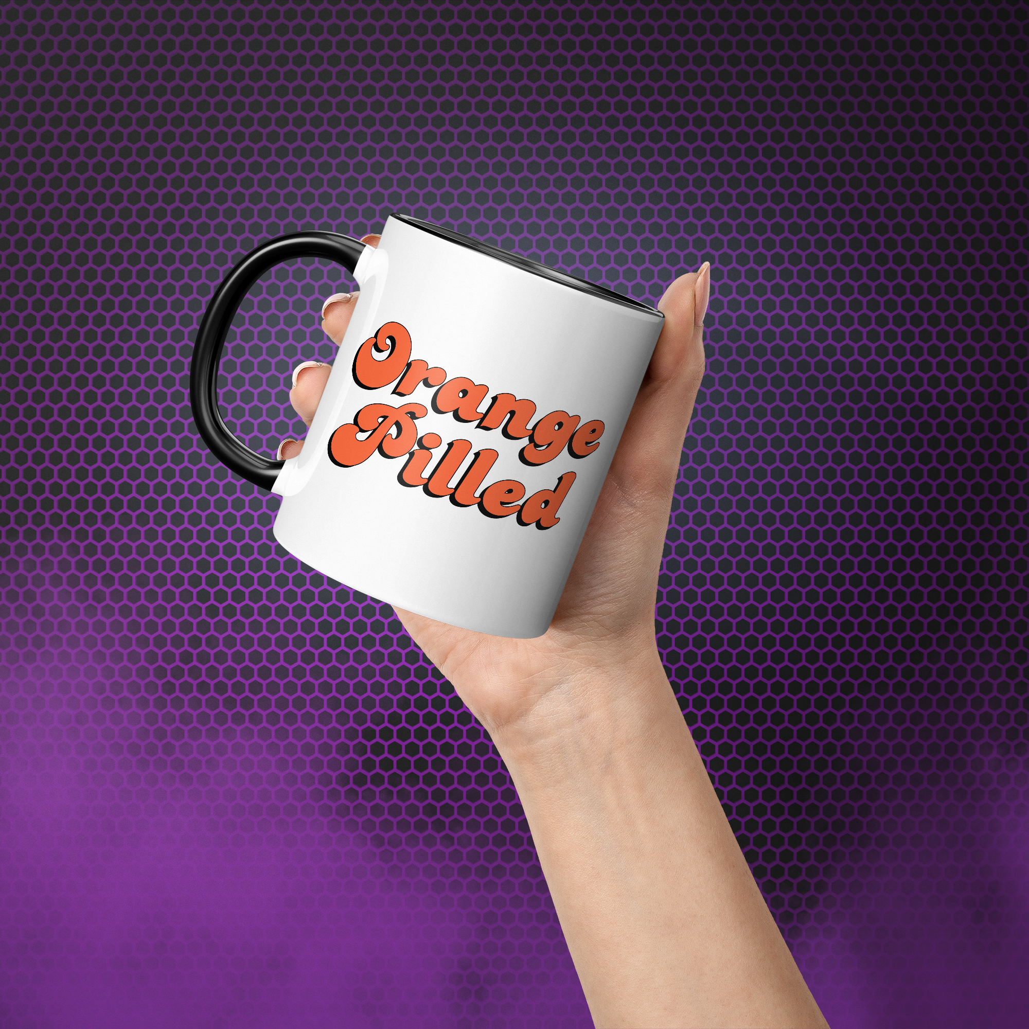 Gift for Bitcoin Lovers - Orange Pilled Mug. Hand model image. Available at NEONCRYPTO STORE.