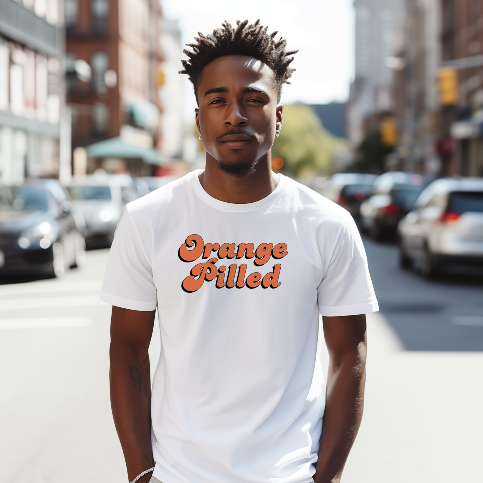 Bitcoin-themed clothing: Orange Pilled Tee worn by male model. Front view.
