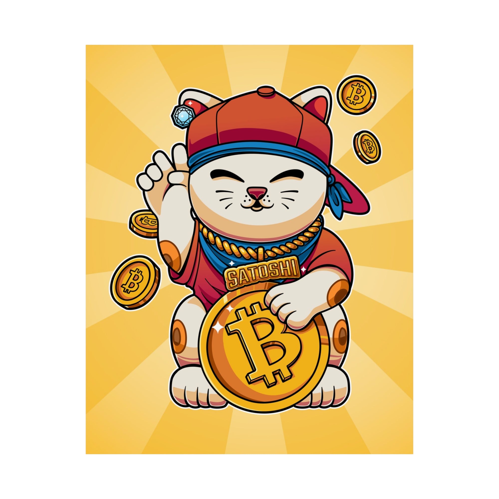 Crypto Art Print: Satoshi Lucky Cat Poster. Available from NEONCRYPTO STORE.